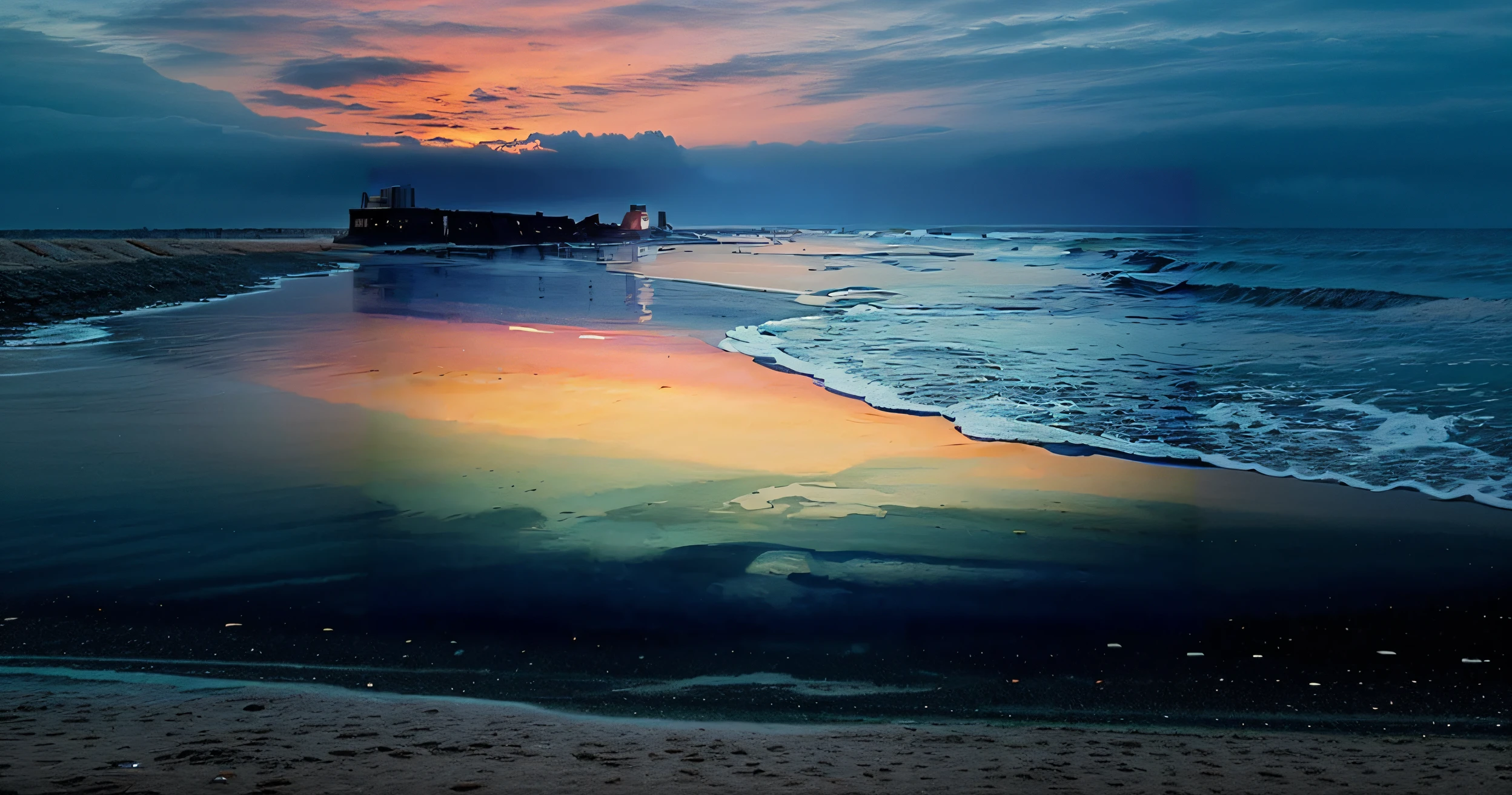 a group of people standing on top of a beach by the ocean, en la playa al atardecer, reflejos iridiscentes, playa surrealista ph