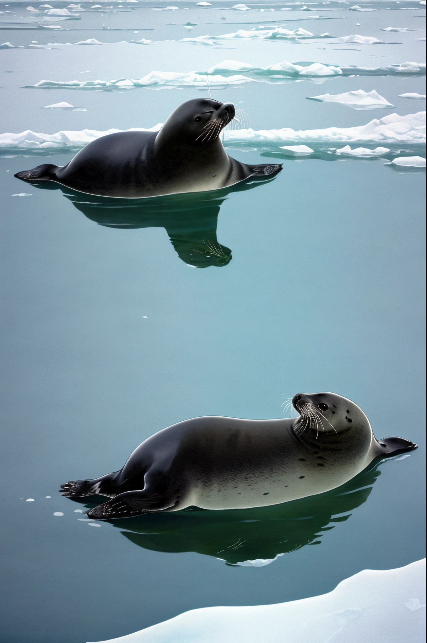 A seal rests gracefully on the icy surface, its sleek silhouette contrasting with the frozen surroundings.