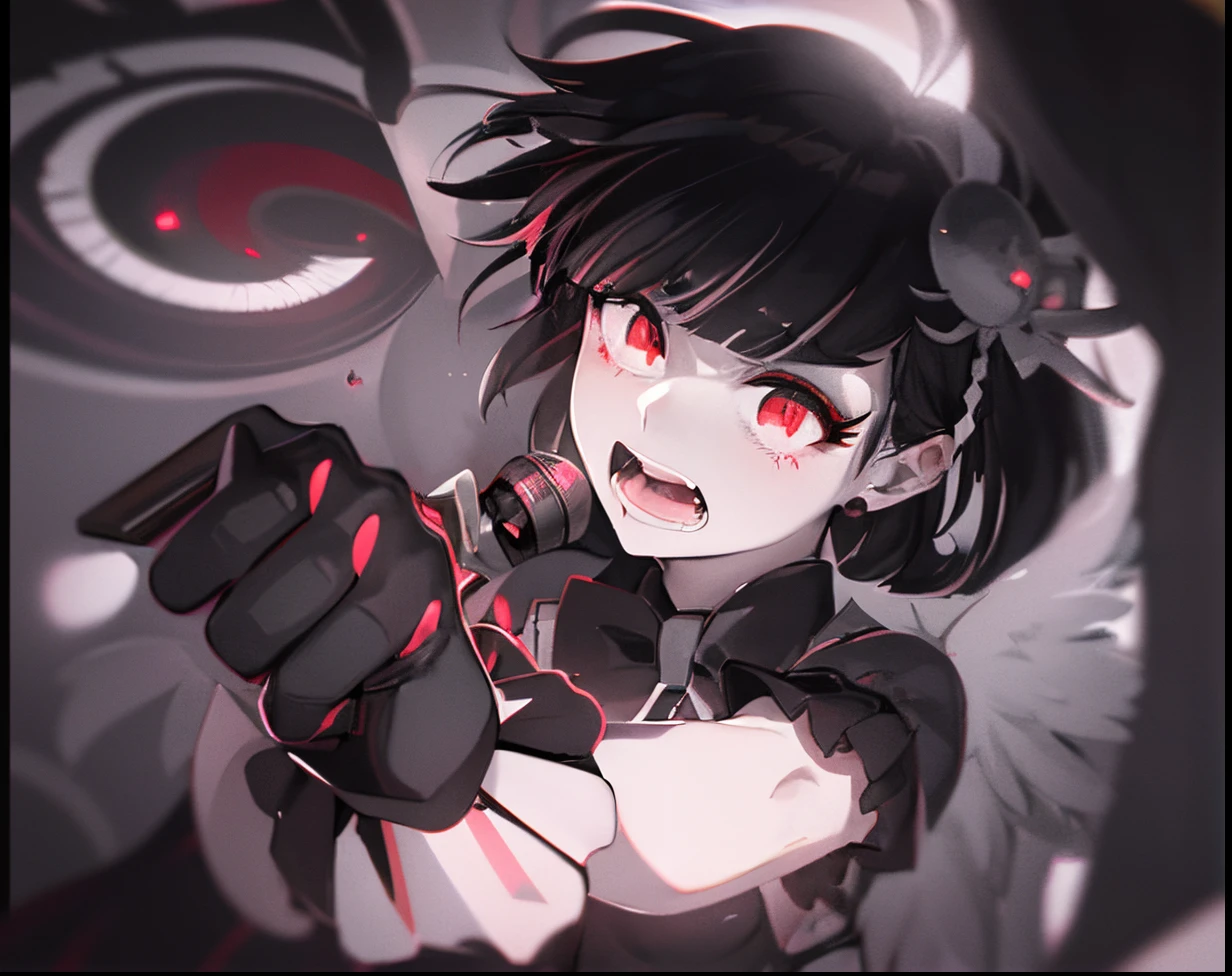 holding the mic、singing black hair、Circle of Angels、White feathers、grayscales、monochromes、red eyes、 Shaded face,  Crazy, skirt rift, pantiy, [self lift]、eye glasses、put on glasses、eye glass、Blunt bangs、Red brilliant eyes、Sexy、Nasty face、maid, over-kneehighs,Ahegao , Silly,Sexual ecstasy,Drunken eyes,Blunt bangs, Black hair,(masutepiece:1.2, Best Quality), (finely detailed beautiful eye: 1.2), (Detailed background,Dark Fantasy), (beautifull detailed face), High contrast, (Best Illumination, extremely delicate and beautiful), ((Cinematic Light)), Colorful, Hyper Detail, Dramatic light, Intricate details,