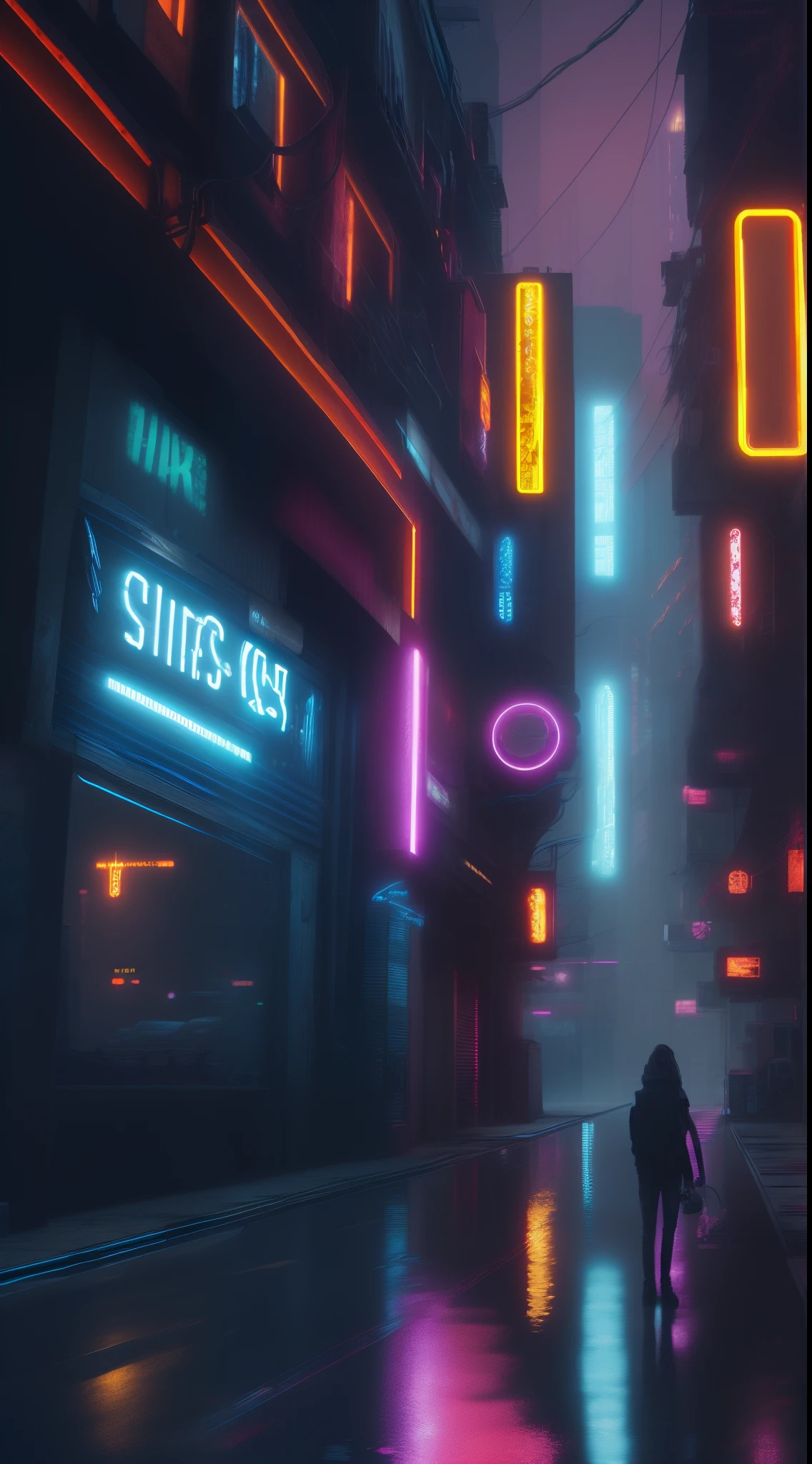 "Cyberpunk streets illuminated with neon lights, Paisaje urbano futurista, Dystopian art in the dark, Fondo de pantalla 4k. Ambiente lluvioso y brumoso, evocando un futuro malhumorado y desolado."