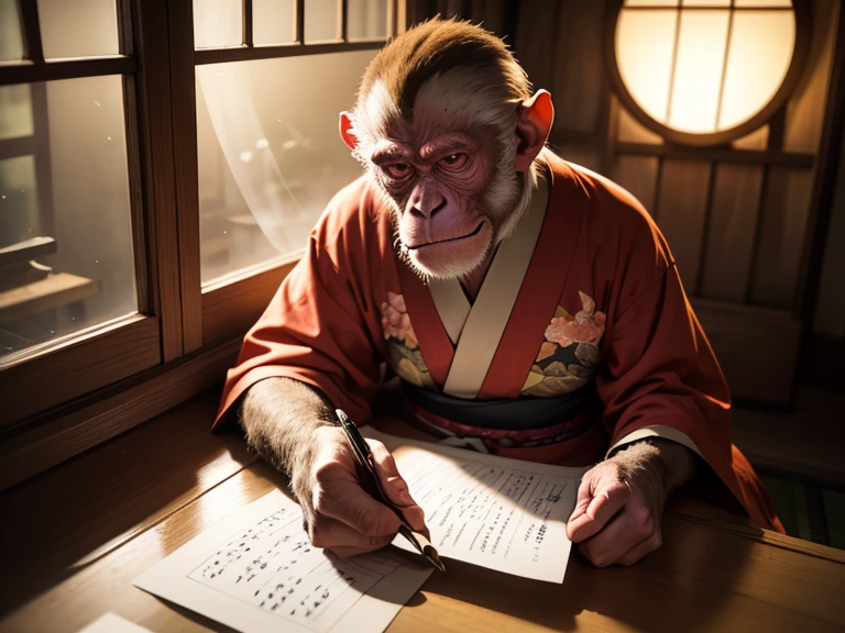 create image.Serious old monkey wearing japanese kimono,sitting,seeing at the viewer,writing on a paper on a desk,in a rustic japanese house,sunset on the window
