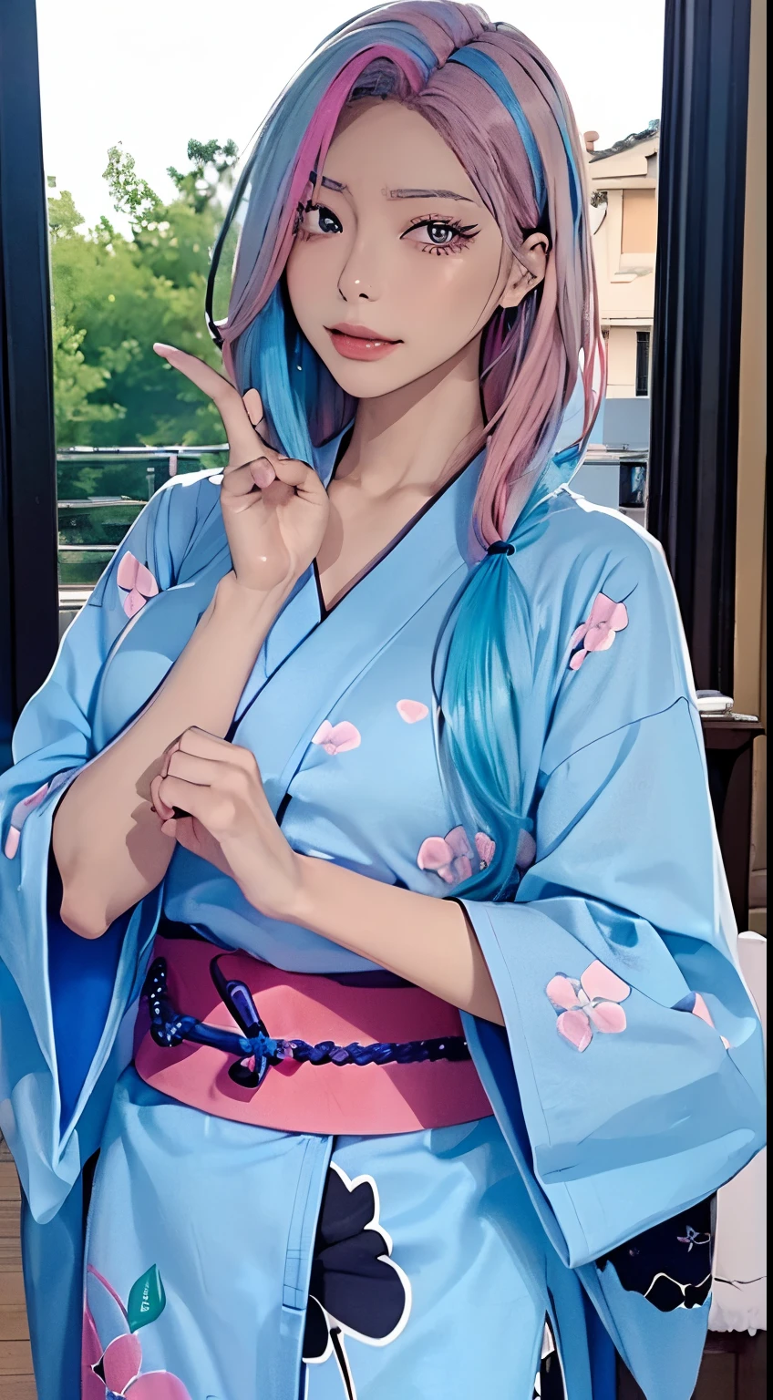 (masutepiece), (((Highest Quality)), (super detailed), 1 girl, (Iridescent hair, Colorful hair, Half blue and half pink hair: 1.2), 17 years old, (Yukata: 1.2), Midsummer Night、plein air, Bangs, Smile, sky-blue eyes, Perfect hands, Perfect hands, Hand Details, Corrected Fingers. earrings, Night Store + Background, up looking_で_viewer, Cowboy Shot, of the highest quality, rich detail, Perfect image quality, dark blue-gray expression、midnight expression、