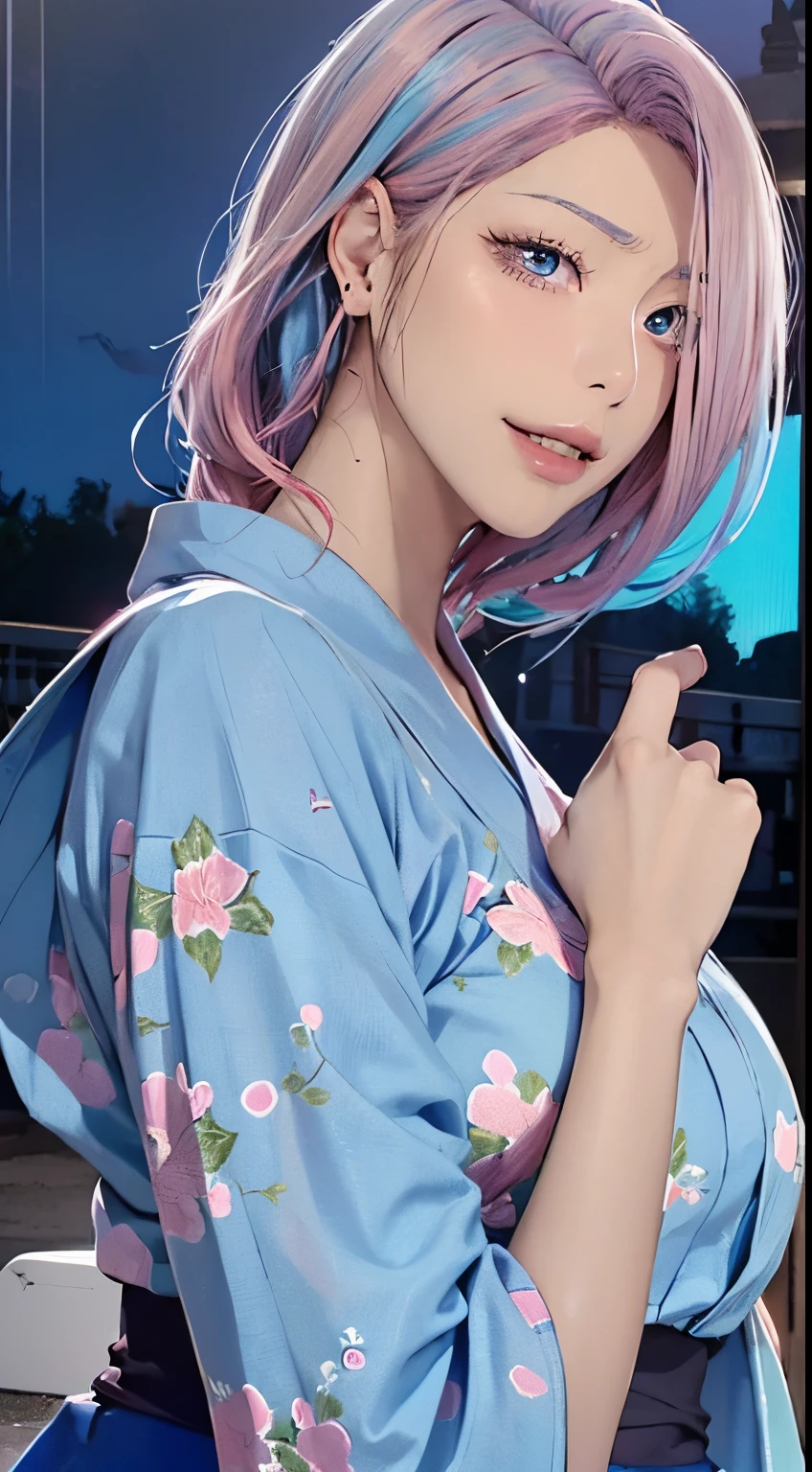 (masutepiece), (((Highest Quality)), (super detailed), 1 girl, (Iridescent hair, Colorful hair, Half blue and half pink hair: 1.2), 17 years old, (Yukata: 1.2), Midsummer Night、plein air, Bangs, Smile, sky-blue eyes, Perfect hands, Perfect hands, Hand Details, Corrected Fingers. earrings, Night Store + Background, up looking_で_viewer, Cowboy Shot, of the highest quality, rich detail, Perfect image quality, dark blue-gray expression、midnight expression、