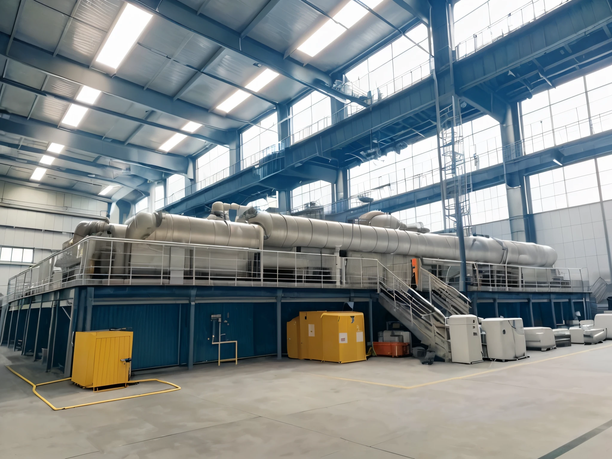 Large industrial boiler in a large building with stairs, supernova inside facility, The photo shows a large, hadron antimatter vacuum reactor, inside a science facility, futuristic production facility, Reddit post, forklift,Surreal, industrial factory, ground-level view, ground-level view, Garbage disposal machinery, photo shot, hyperrealistic”, hyperrealistic”,超高分辨率,tmasterpiece