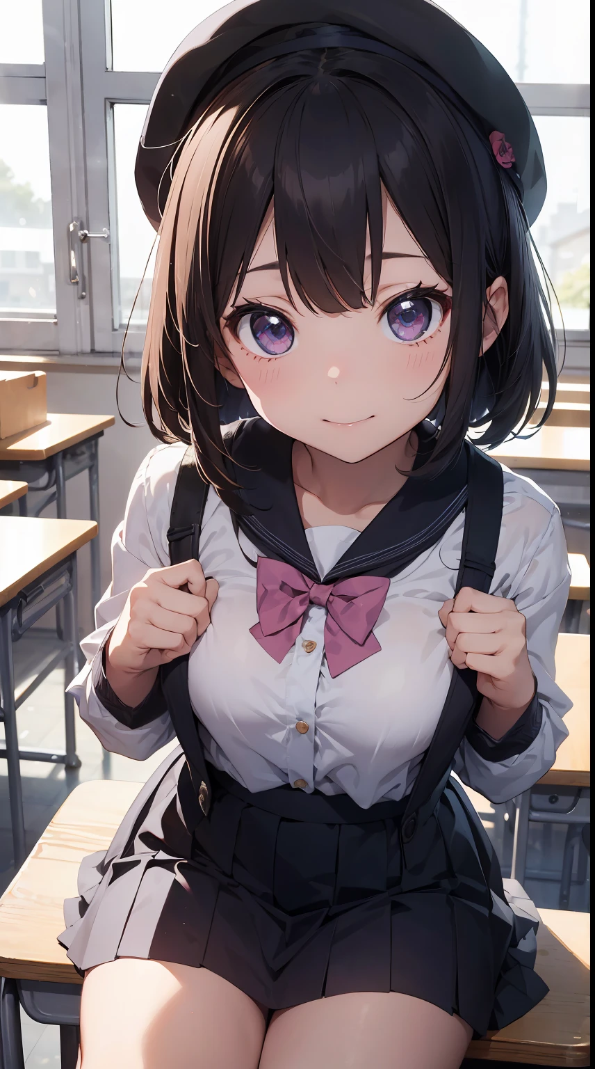 Masterpiece to the smallest detail、top-quality、high-level image quality、16kwall-paper、Haisole、1girl in、独奏、5 year old appearance、140cm petite beautiful girl、small tits、5 year old baby face、red hairs、Gradient bob cut with front drop、Pink and purple mesh、tall, Big eyes、Complex and detailed eyes、Outstanding looks、A lovely child、proximity、Closed_bocchi、Best smile of your life、red blush、full of shyness、blue headwear、beret、pink bowtie、校服、 Blue jacket、jaket、skirt by the、Gray skirt shirt、white shirt、an legs、Black socks、sitting on、Classroom、hair_ornament detached、up looking_で_viewer、beatiful detailed eyes、Akame、panties on、lift up one's skirt、Professional effects、mischievous spirit、Natural light that makes characters stand out、Complex, detailed, realistic, and deep backgrounds