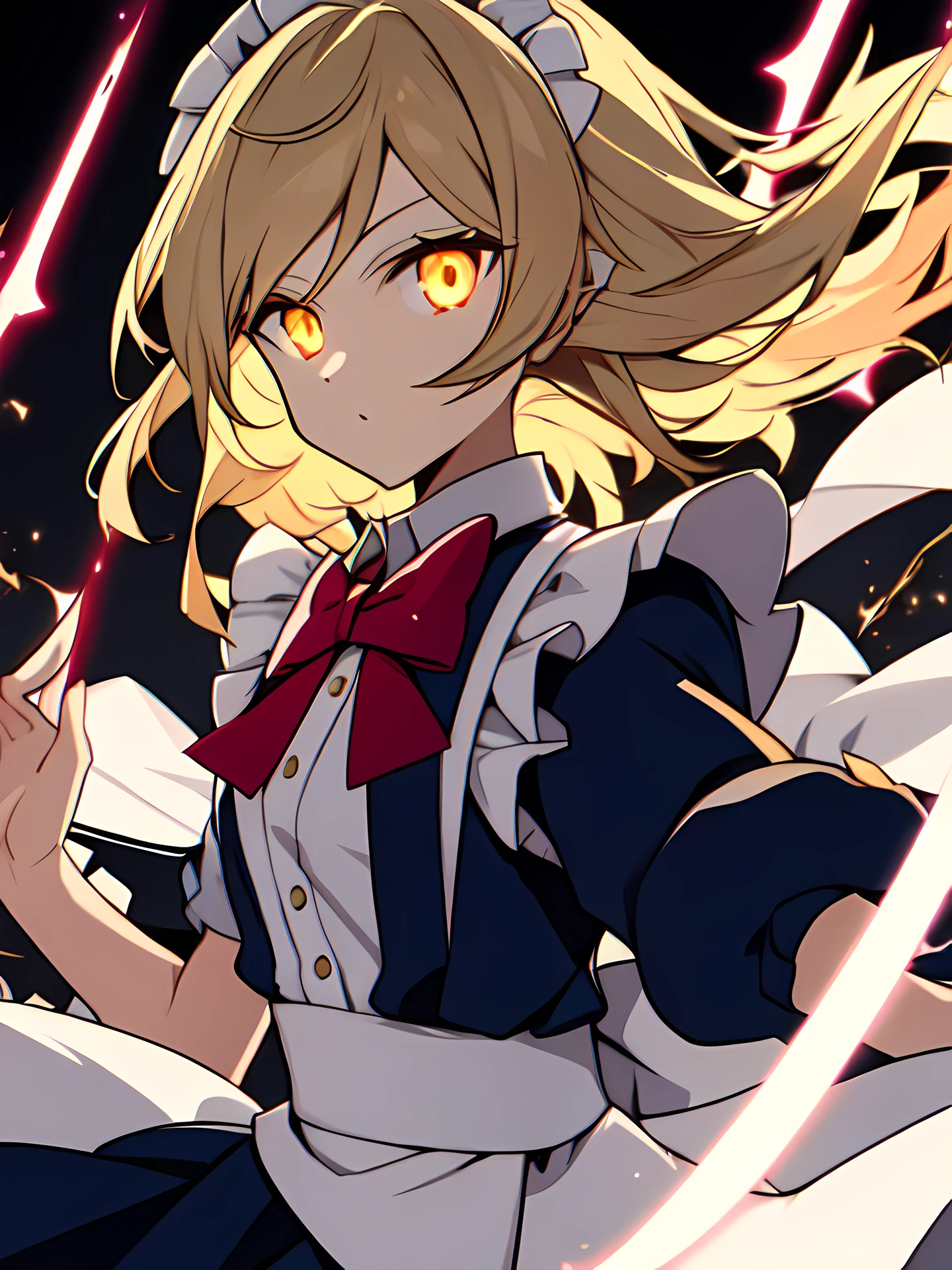 mugetsu, Blue clothes, maid dress, Apron Dresses, frilled apron, Red bow tie, Yellow eyes, Gold eyes, Blonde hair, Gold Hair , (Pointed ears:0.8), Marble castle, Glowing blade, floating blade