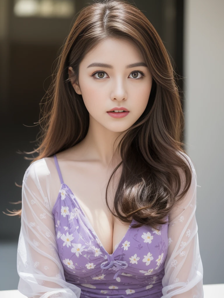 Marian Rivera, 21yo，真实感, A high resolution，looking at viewert,   (8K, RAW photos, Best quality, tmasterpiece:1.2), (actual, realistically:1.37), (Focus sharp:1.2), profesional lighting, フォトンマッピング, Radio City, physically-based renderingt, (pale-skinned:1.2), looking at viewert, (Long brown hair:1.5), sporty attire, a purple eye, through bangs, Alone,  actual,   (Skin glows), fashionable girl, natural makeup, (mini floral dress), tight fit clothes, (sitted:1.3), dynamicposes, Open-air café, huge bust, A sexy pose, Naked of breast,Deep cleavage，nice breasts，Beautiful udder，