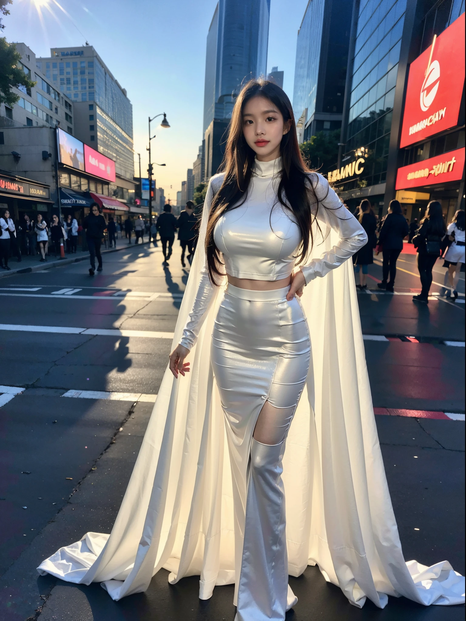 bloom, (lens flare), (8k, RAW, professional, best quality, masterpiece:1.2), (realistic,photorealistic:1.37), ultra-detailed, (24mm portrait wide angle), (highest detailed skin:1.2), (highest detailed face:1.2), cinematic lighting, 1girl, (windy), walking time square, wearing saint lauren suites, night time, (luxury brand advertising), paparazzi, flash light, (Rear Curtain Sync), warm white light, look at the camera, (full body shot)