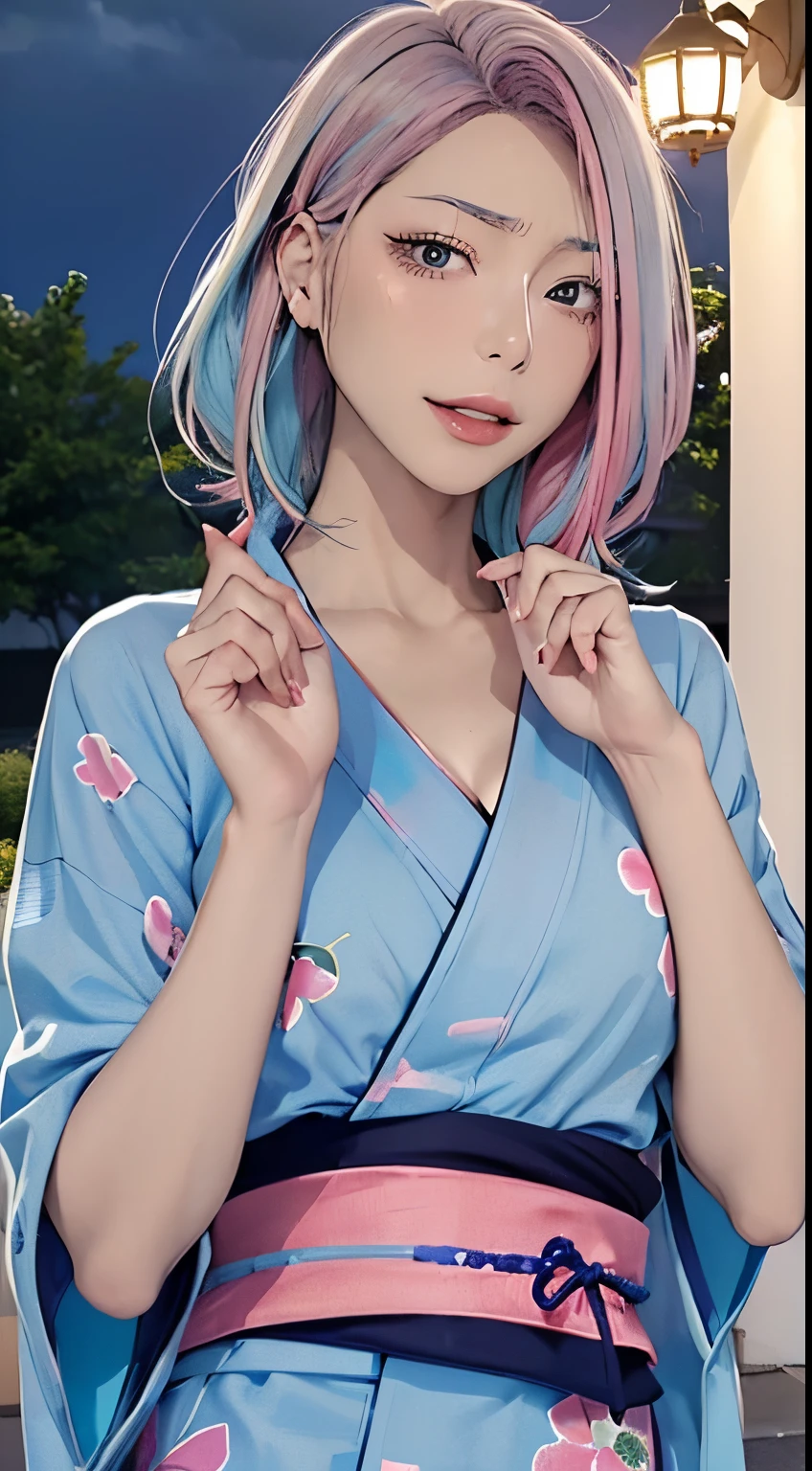 (masutepiece), (((Highest Quality)), (super detailed), 1 girl, (Iridescent hair, Colorful hair, Half blue and half pink hair: 1.2), 17 years old, (Yukata: 1.2), Midsummer Night、plein air, Bangs, Smile, sky-blue eyes, Perfect hands, Perfect hands, Hand Details, Corrected Fingers. earrings, Night Store + Background, up looking_で_viewer, Cowboy Shot, of the highest quality, rich detail, Perfect image quality, dark blue-gray expression、midnight expression、