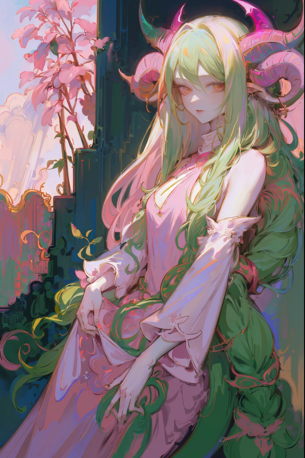 Designed by nty, A woman is, Professional t-shirt design vector,Tokar, 8K, hyper HD, Albino demon girl standing, colorful clothes, shot from far away, (largeeyes, Eyes are delicate and beautiful, Beautiful and delicate face, Details on the face), ( Green curls:1.3) , pink rose bush, winking ,(long and complex horns:1.2) Sneakers with socks, white backgrounid, Complicated details, coloured background, Abstract