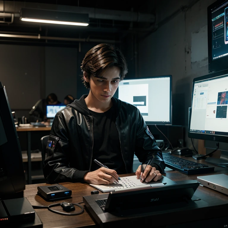 Make some photo where a boy working on computer, ultra realistic, 4k, cyberpunk handsome boy,