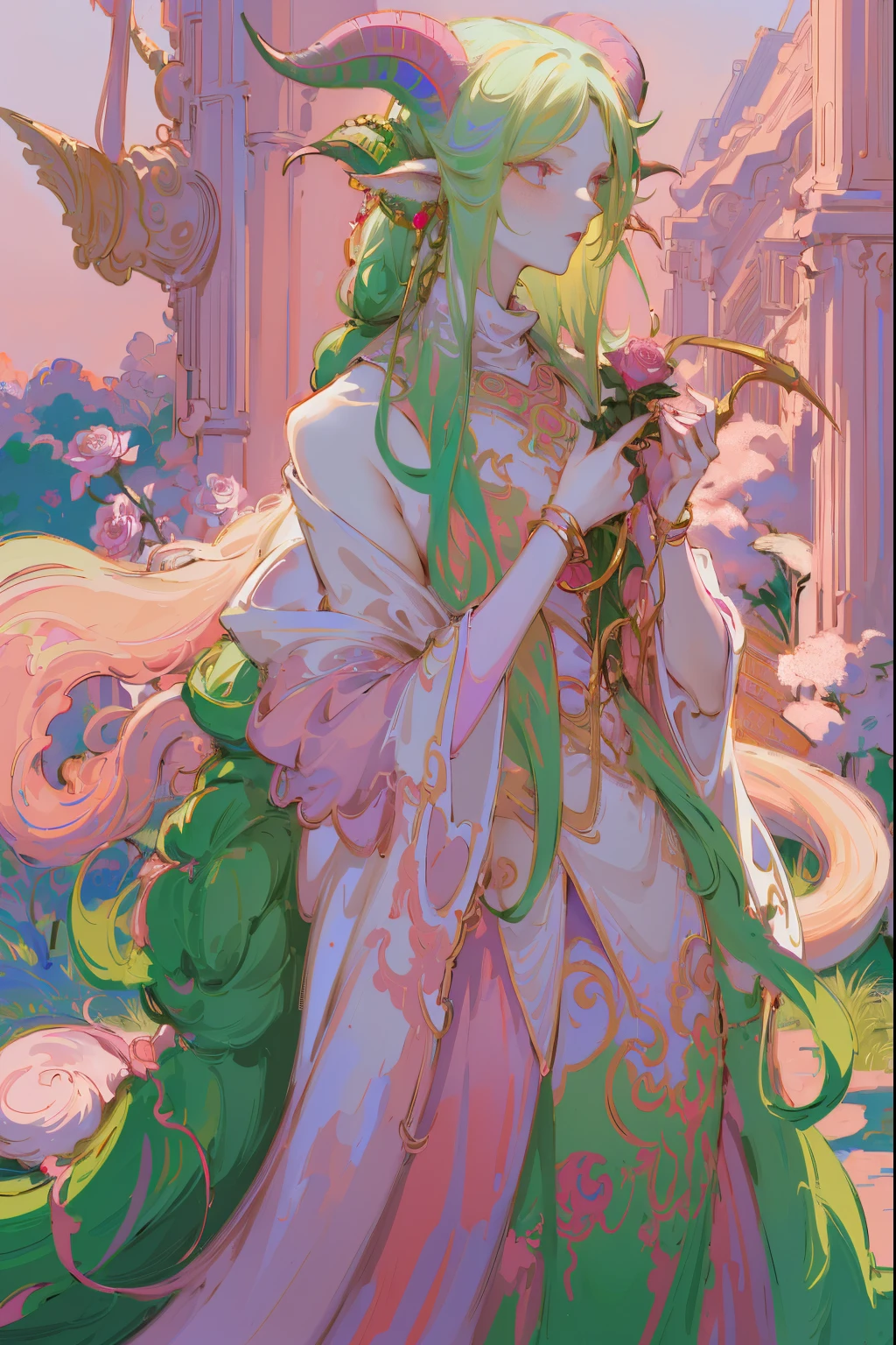 Designed by nty, A woman is, Professional t-shirt design vector,Tokar, 8K, hyper HD, Albino demon girl standing, colorful clothes, shot from far away, (largeeyes, Eyes are delicate and beautiful, Beautiful and delicate face, Details on the face), ( Green curls:1.3) , pink rose bush, winking ,(long and complex horns:1.2) Sneakers with socks, white backgrounid, Complicated details, coloured background, Abstract