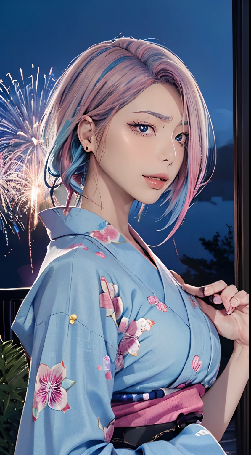 (masutepiece), (((Highest Quality)), (super detailed), 1 girl, (Iridescent hair, Colorful hair, Half blue and half pink hair: 1.2), 17 years old, (Yukata: 1.2), Midsummer Night、plein air, Bangs, Smile, sky-blue eyes, Perfect hands, Perfect hands, Hand Details, Corrected Fingers. earrings, Night Store + Background, Fireworks Festival in Kyoto、up looking_で_viewer, Cowboy Shot, of the highest quality, rich detail, Perfect image quality, dark blue gray color tone、Night representation、