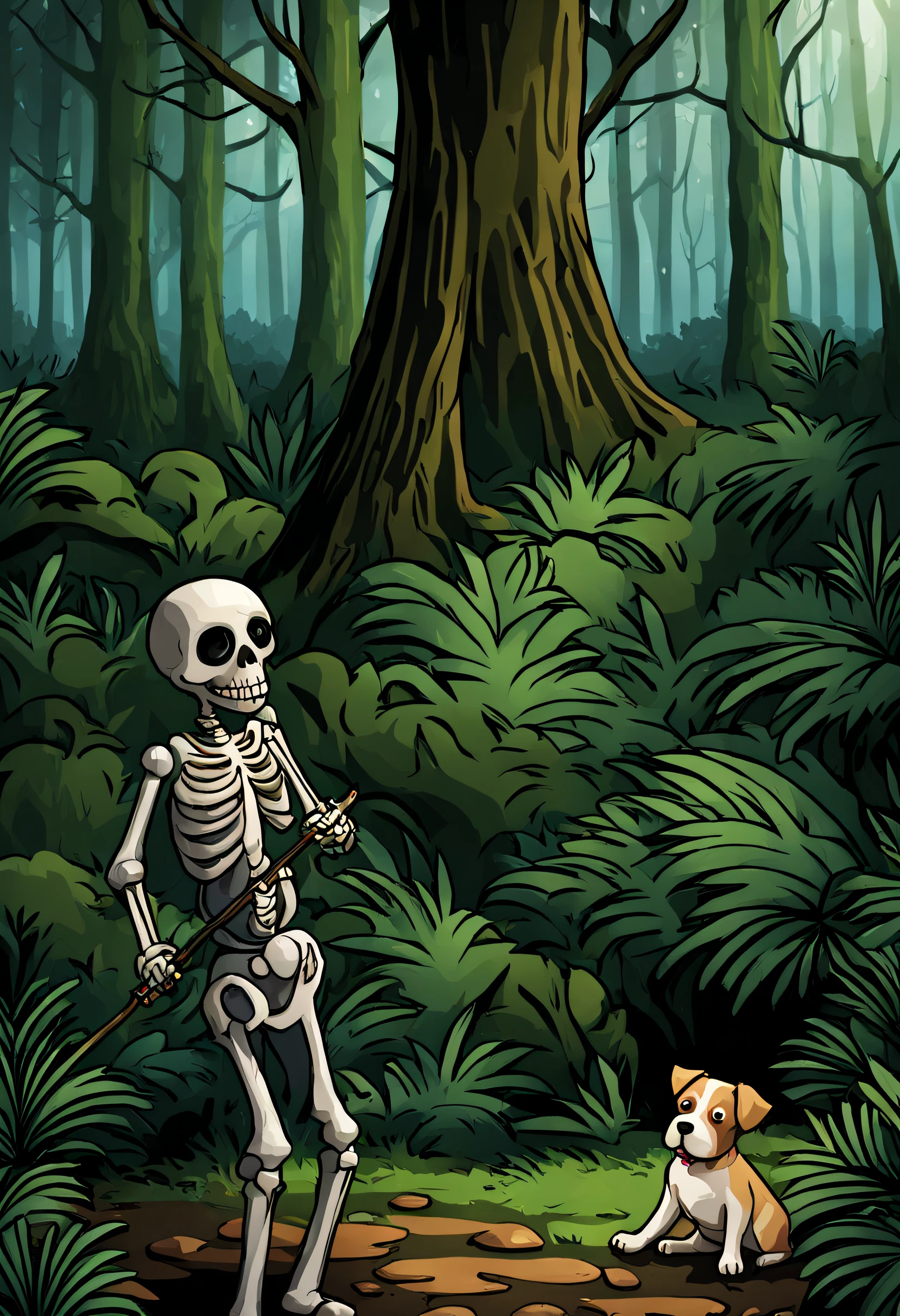 a skeleton playing with a puppy in the jungle