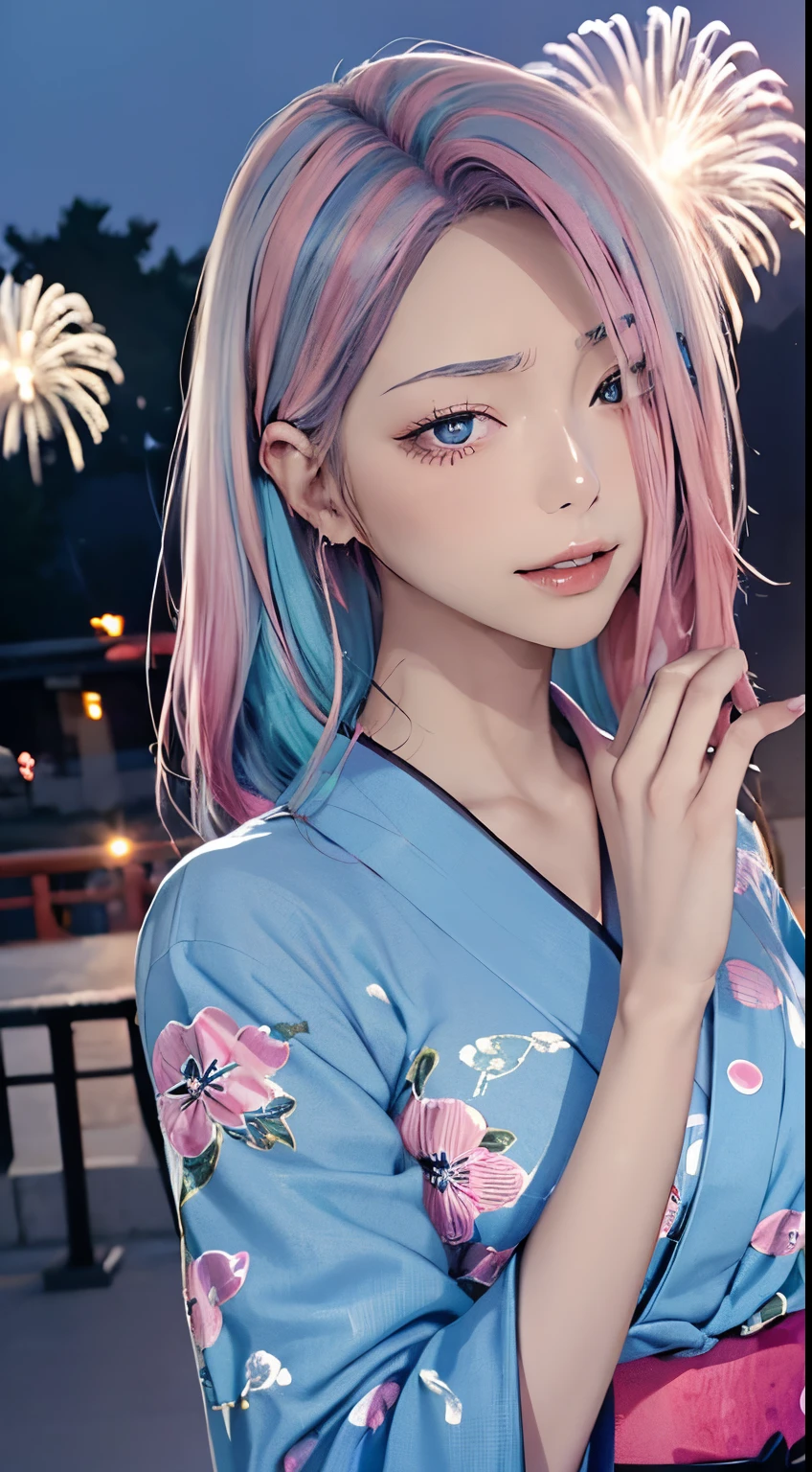 (masutepiece), (((Highest Quality)), (super detailed), 1 girl, (Iridescent hair, Colorful hair, Half blue and half pink hair: 1.2), 17 years old, (Yukata: 1.2), Midsummer Night、plein air, Bangs, Smile, sky-blue eyes, Perfect hands, Perfect hands, Hand Details, Corrected Fingers. earrings, Night Store + Background, Fireworks Festival in Kyoto、up looking_で_viewer, Cowboy Shot, of the highest quality, rich detail, Perfect image quality, dark blue gray color tone、Night representation、