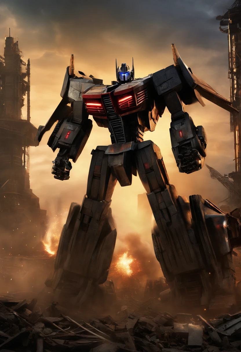 An image of the psychotic second in command transformer of the Decepticons standing on top of a captured Autobot factory, with machinery in ruins and sparks flying as she raises her arms in triumph.,Transformers,starscream, male