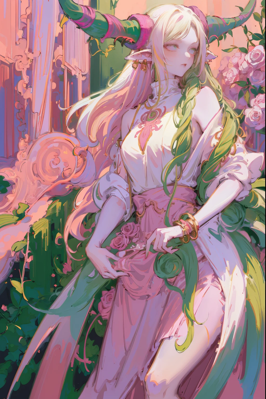 Designed by nty, A woman is, Professional t-shirt design vector,Tokar, 8K, hyper HD, Albino demon girl standing, colorful clothes, shot from far away, (largeeyes, Eyes are delicate and beautiful, Beautiful and delicate face, Details on the face), ( Green curls:1.3) , pink rose bush, winking ,(long and complex horns:1.2) Sneakers with socks, white backgrounid, Complicated details, coloured background, Abstract