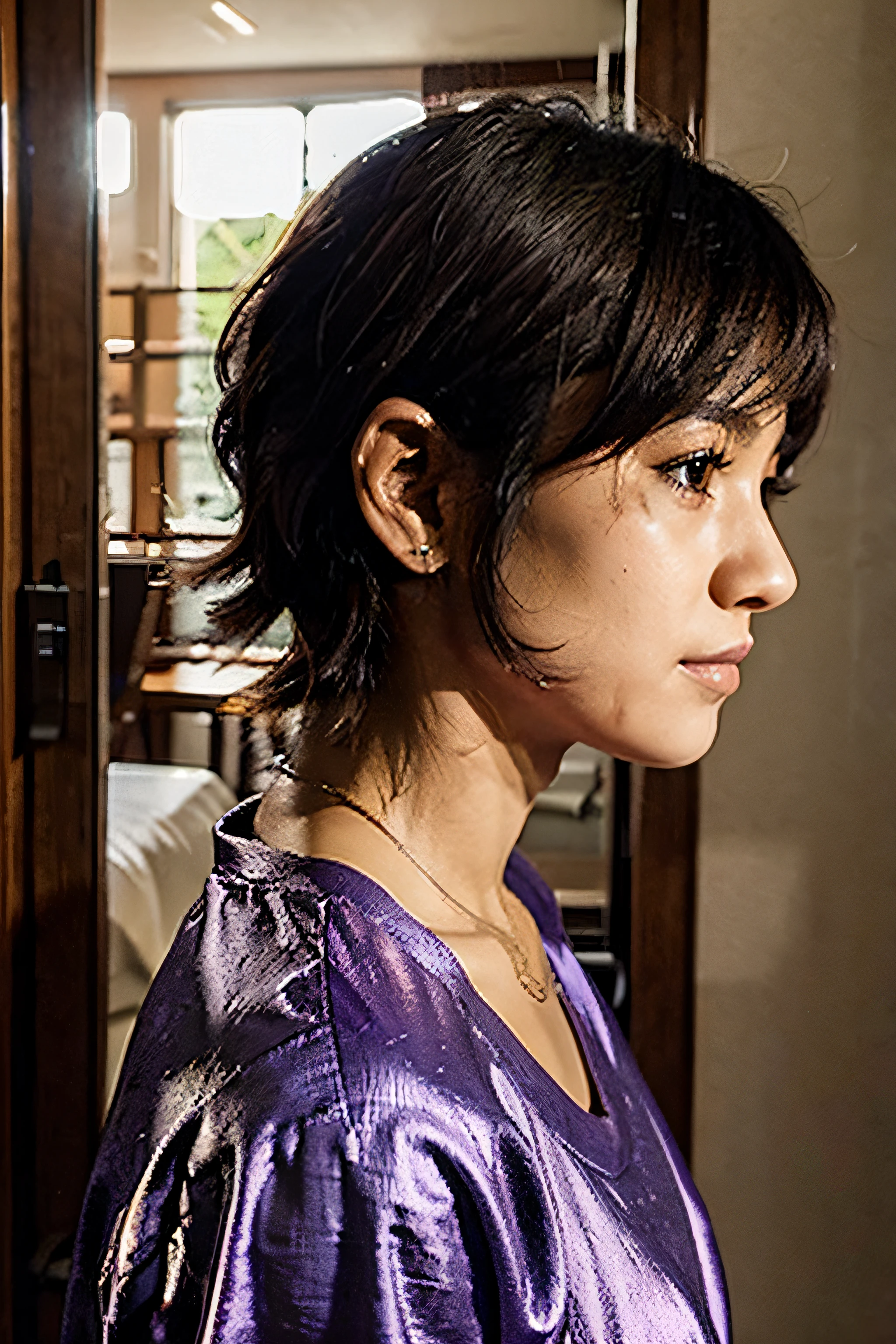 JAPANESE-BRAZILIAN MIXED GIRL, Piel detallada, (Pelo corto morado) PLANO DE FRENTE Y FOTO DE PERFIL.