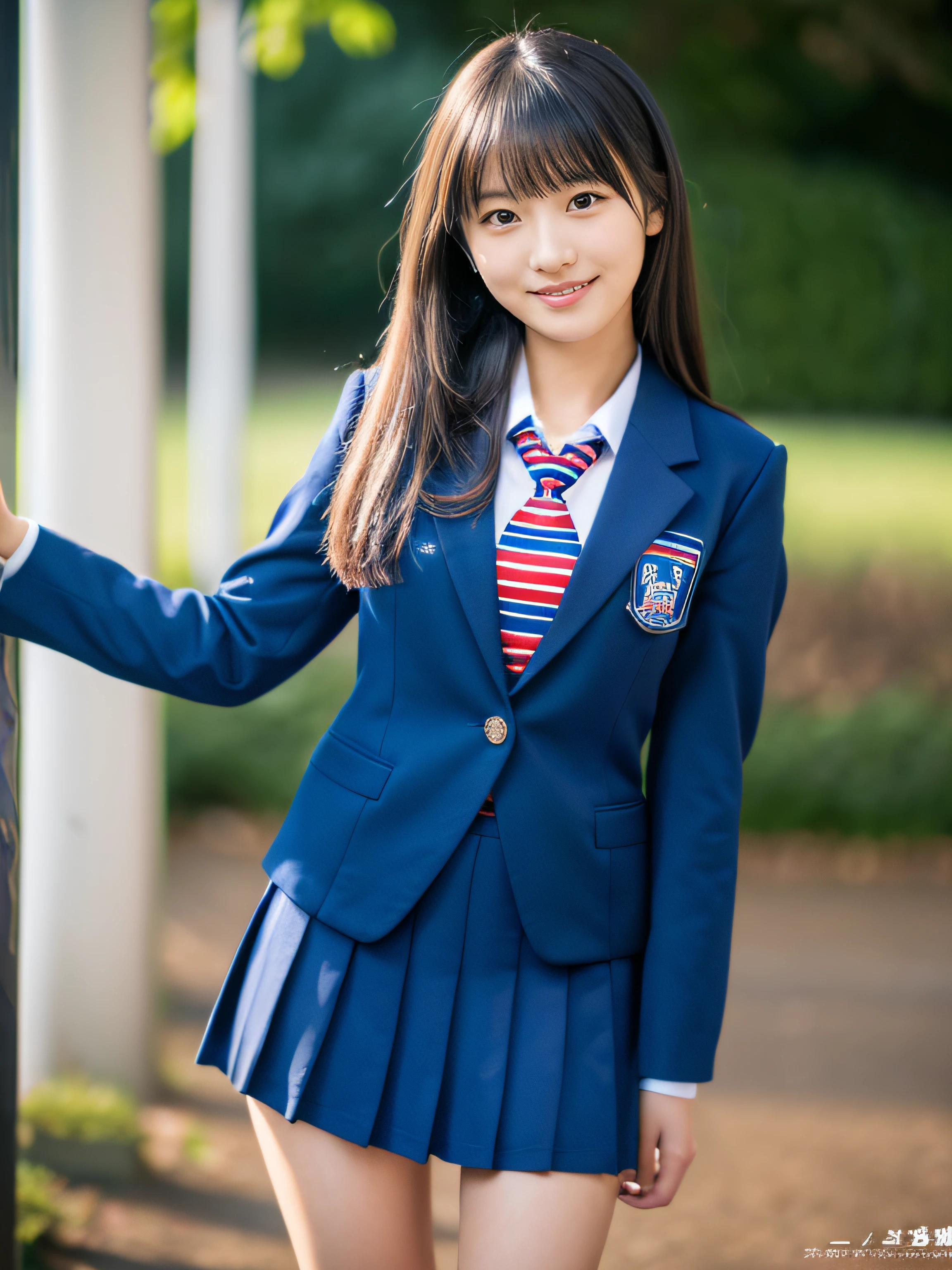 ((masutepiece)), 8K, Highest Quality, 1 girl, Solo, Beautiful face, Gentle expression, Realistic, Cute, Dark blue short skirt, Dark blue ribbon, Dark blue blazer uniform, (High School Girl), Smile, ( (looking in camera)), Long hair, Full body shot,