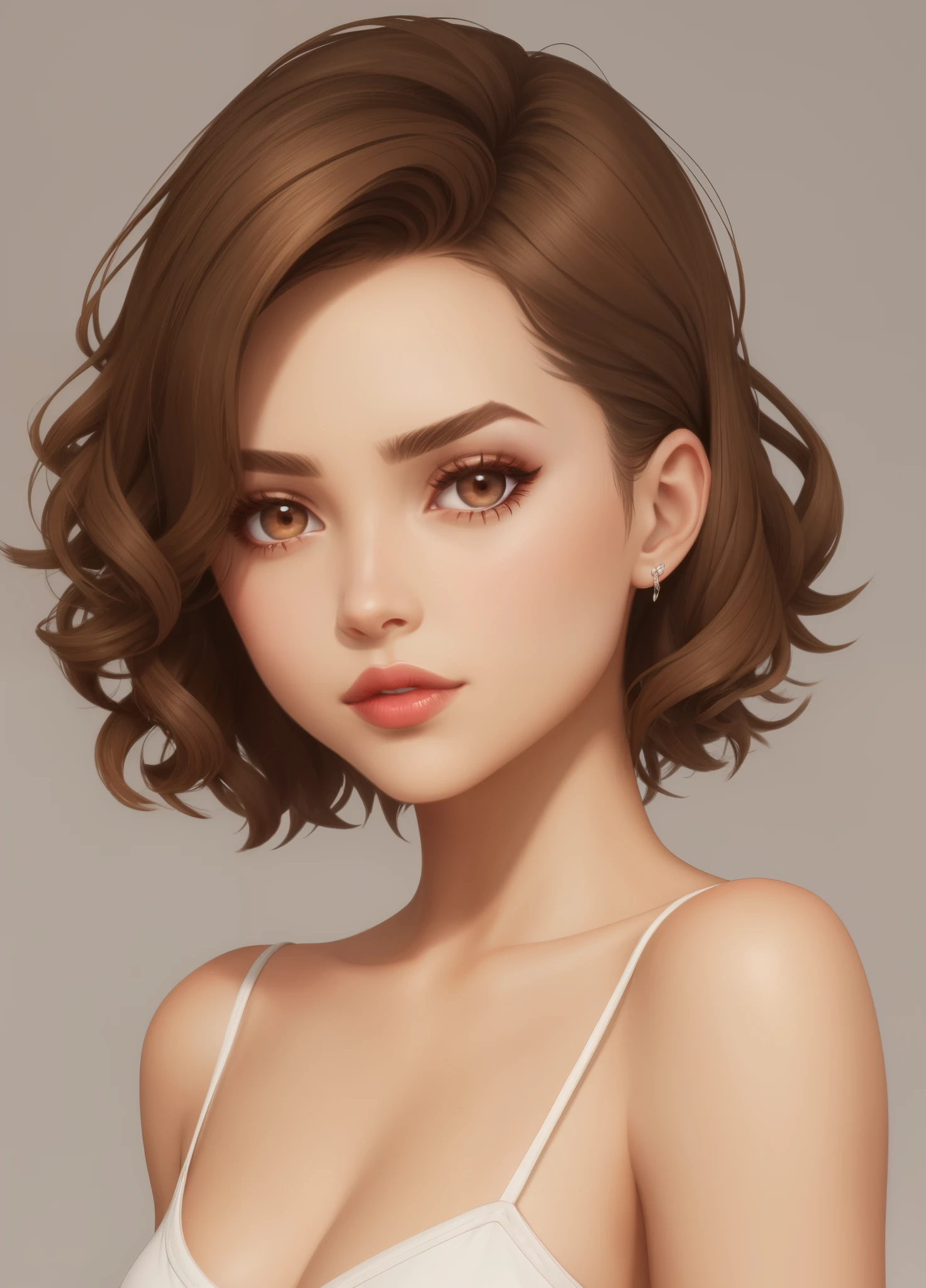 Girl Fortnite Skin, Brown curly short hair, Tan skin tone, Winged eyeliner, medium sized lips, dark brown eyes