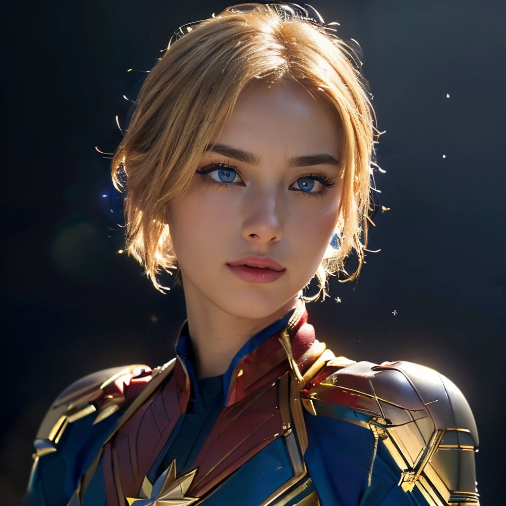 ((masterpiece)), 8k cg, best quality, intricate details, chromatic aberration, ((bust shot)), ((looking at the viewer)), 1girl, European, ((Character((Tomboy)), confident smile, closed mouth, thin lips)), ((Sparkly eyes, hyper detailed eyes, extremely beautiful, (((sapphire blue eyes))), beautiful eyelashes)), lens flare, ((an extremely beautiful and delicate portrait, chiseled facial features, tom boy, ((soft cheeks, big eyes, strong face, fierce facial features)), strong jaw, square jaw, skinny face, thick eyebrows, (very short shaggy hair, ((golden blonde hair color)), choppy bangs, shiny hair,), full of life, ((Captain Marvel Suit, body suit, red and gold accessories, long scarlet cape, golden skull armor)), ((very small Breasts, flat chest, wide shoulders, muscular boyish figure, thin neck)), absurdres, cinematic lighting, dynamic lighting, fantasy, ((dark background, stars, fog))