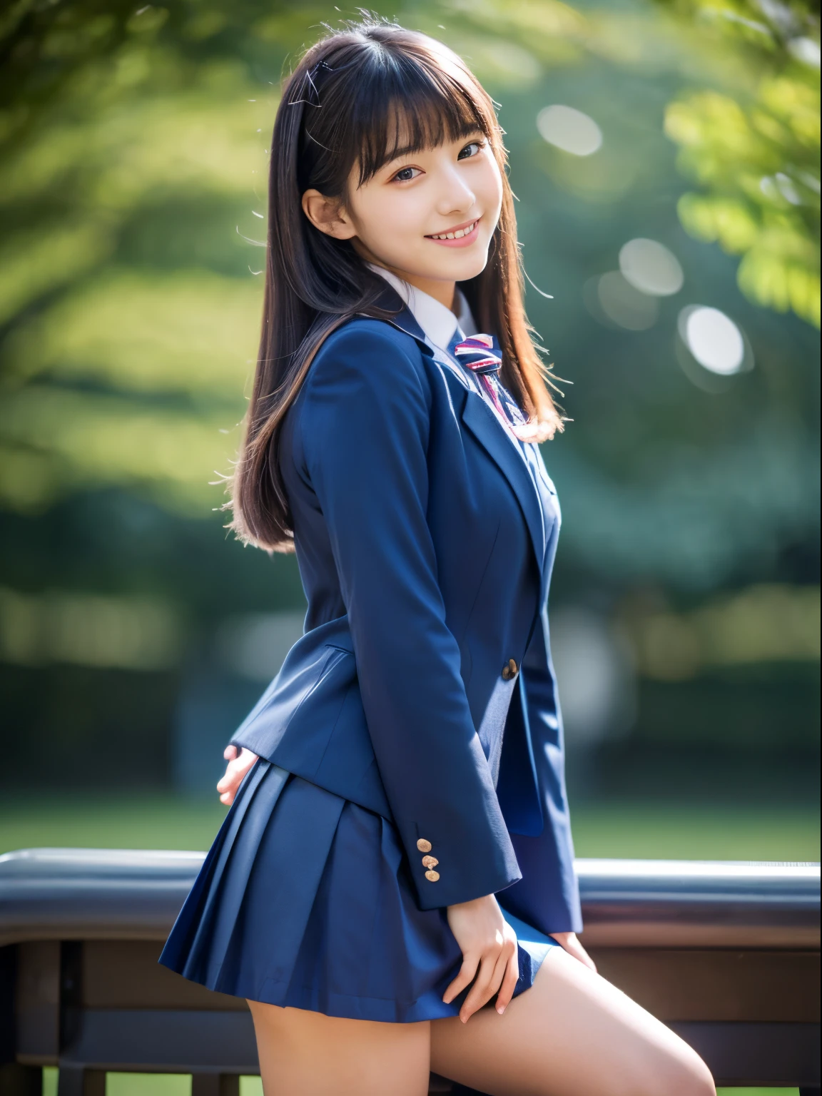 ((Masterpiece)), 8k, highest quality, 1 girl, solo, beautiful face, gentle expression, realistic, cute, dark blue short skirt, dark blue ribbon, dark blue blazer uniform, (Japanese high school girl), Smile, ((looking at camera)), long hair, full body shot,