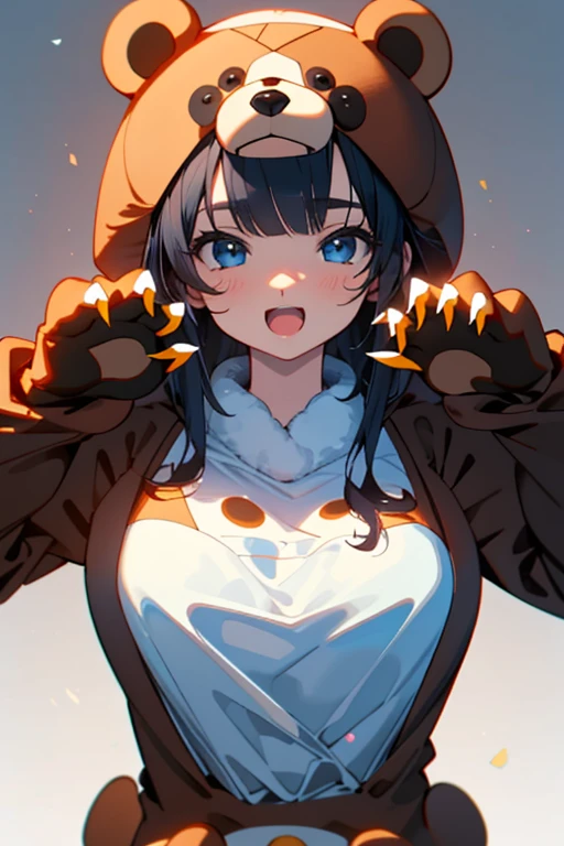 (masterpiece、top-quality:1.5、a high chroma:1.5、ultra-detailliert、high-resolution illustrations:1.5、Ultra-high-definition CG、8k size wallpaper、offcial art)、(From above),(cute face、:1.5)、(Self-righteous:1.3),
((Bear costume:1.5))、((claw pose :1.5)),(wariza:1.5)、Laugh,Open mouth, (medium breasts)、
,((Positive 1.5)),(Upper body:1.5)、on the bed、girl with, masutepiece,Cities