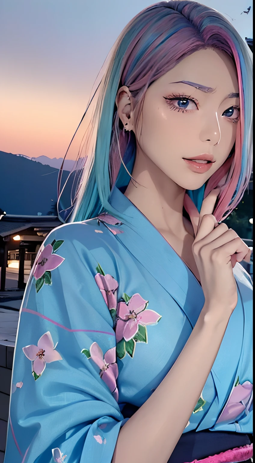 (masutepiece), (((Highest Quality)), (super detailed), 1 girl, (Iridescent hair, Colorful hair, Half blue and half pink hair: 1.2), 17 years old, (Yukata: 1.2), Midsummer Night、plein air, Bangs, Smile, sky-blue eyes, Perfect hands, Perfect hands, Hand Details, Corrected Fingers. earrings, Night Store + Background, up looking_で_viewer, Cowboy Shot, of the highest quality, rich detail, Perfect image quality, dark blue-gray expression、midnight expression、