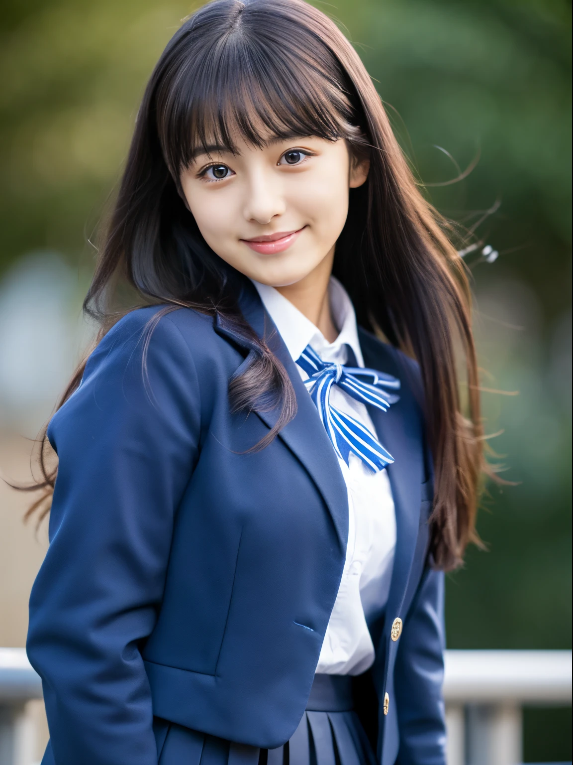 ((Masterpiece)), 8k, highest quality, 1 girl, solo, beautiful face, gentle expression, realistic, cute, dark blue short skirt, dark blue ribbon, dark blue blazer uniform, (Japanese high school girl), Smile, ((looking at camera)), long hair, full body shot,