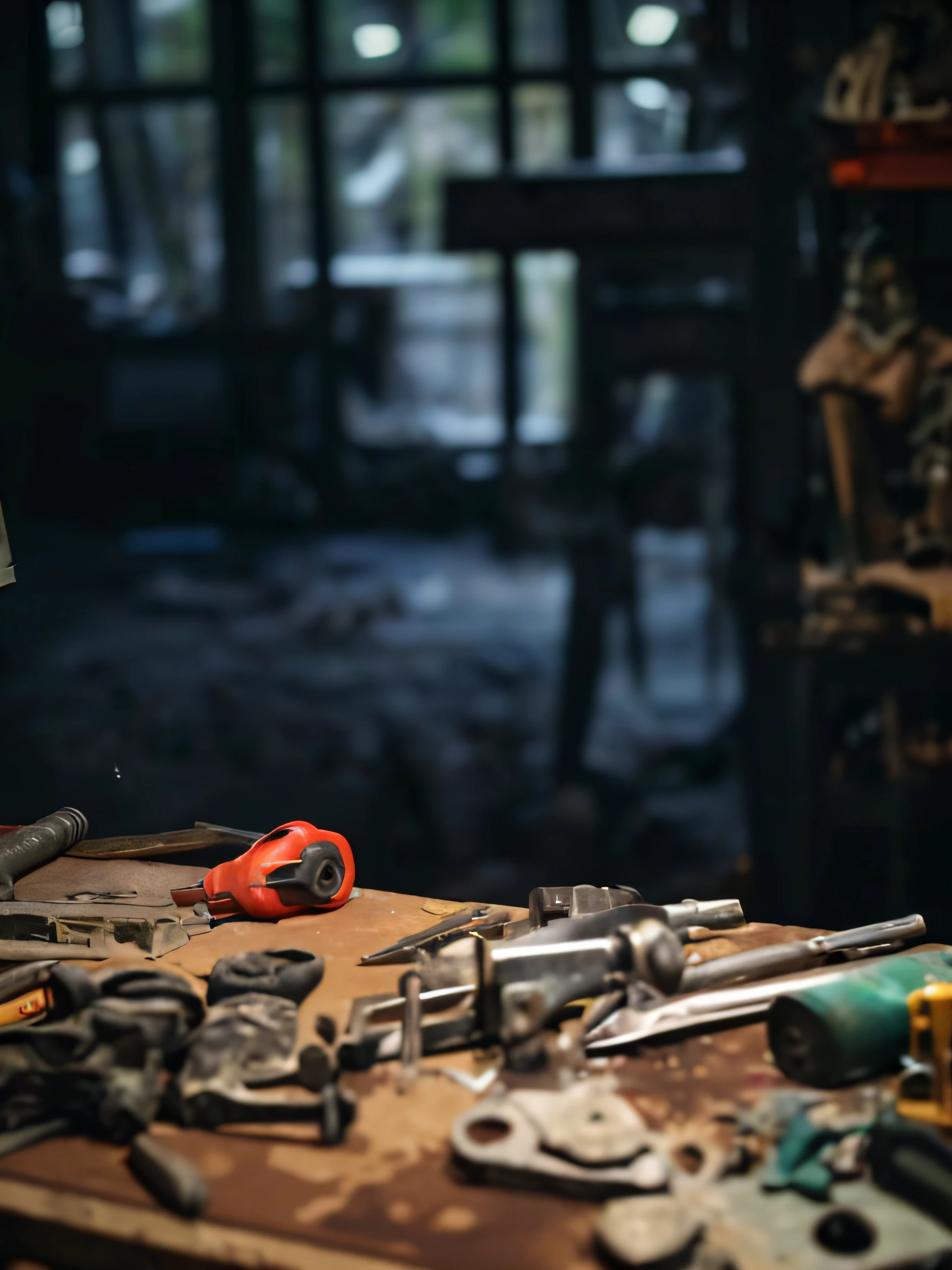 There&#39;s a table here，There are a bunch of tools on it, In the workshop, Scrap metal on the workbench, Workshop background, worksheet, Tools and trash on the ground, tools, wrench, marmoset toolbag, volcanic workshop background, In an old weapons shop, messy mid shot, on a dark background, maintenance, small manufacture, high quality screenshot