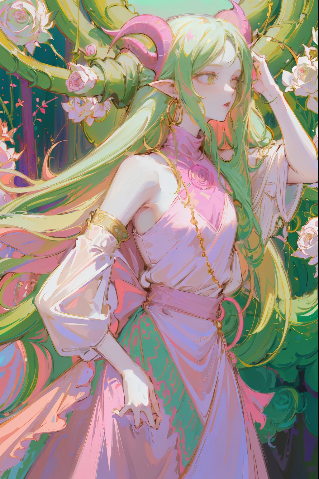 Designed by nty, A woman is, Professional t-shirt design vector,Tokar, 8K, hyper HD, Albino demon girl standing, colorful clothes, shot from far away, (largeeyes, Eyes are delicate and beautiful, Beautiful and delicate face, Details on the face), ( Green curls:1.3) , pink rose bush, winking ,(long and complex horns:1.2) Sneakers with socks, white backgrounid, Complicated details, coloured background, Abstract