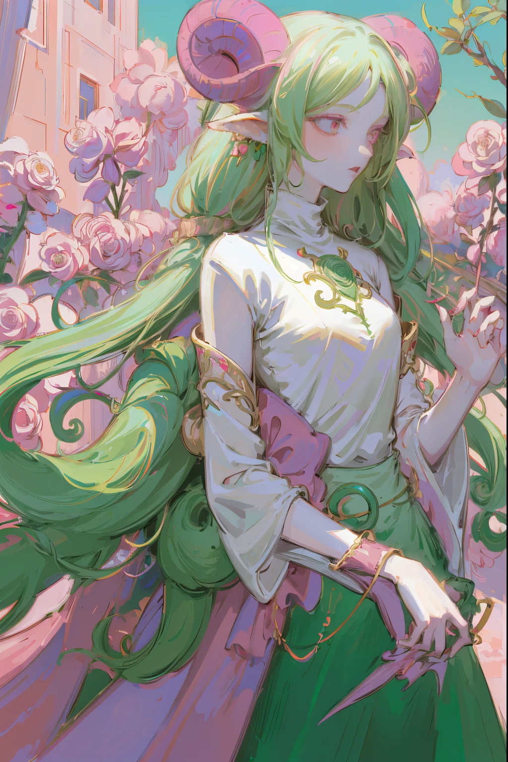 Designed by nty, A woman is, Professional t-shirt design vector,Tokar, 8K, hyper HD, Albino demon girl standing, colorful clothes, shot from far away, (largeeyes, Eyes are delicate and beautiful, Beautiful and delicate face, Details on the face), ( Green curls:1.3) , pink rose bush, winking ,(long and complex horns:1.2) Sneakers with socks, white backgrounid, Complicated details, coloured background, Abstract