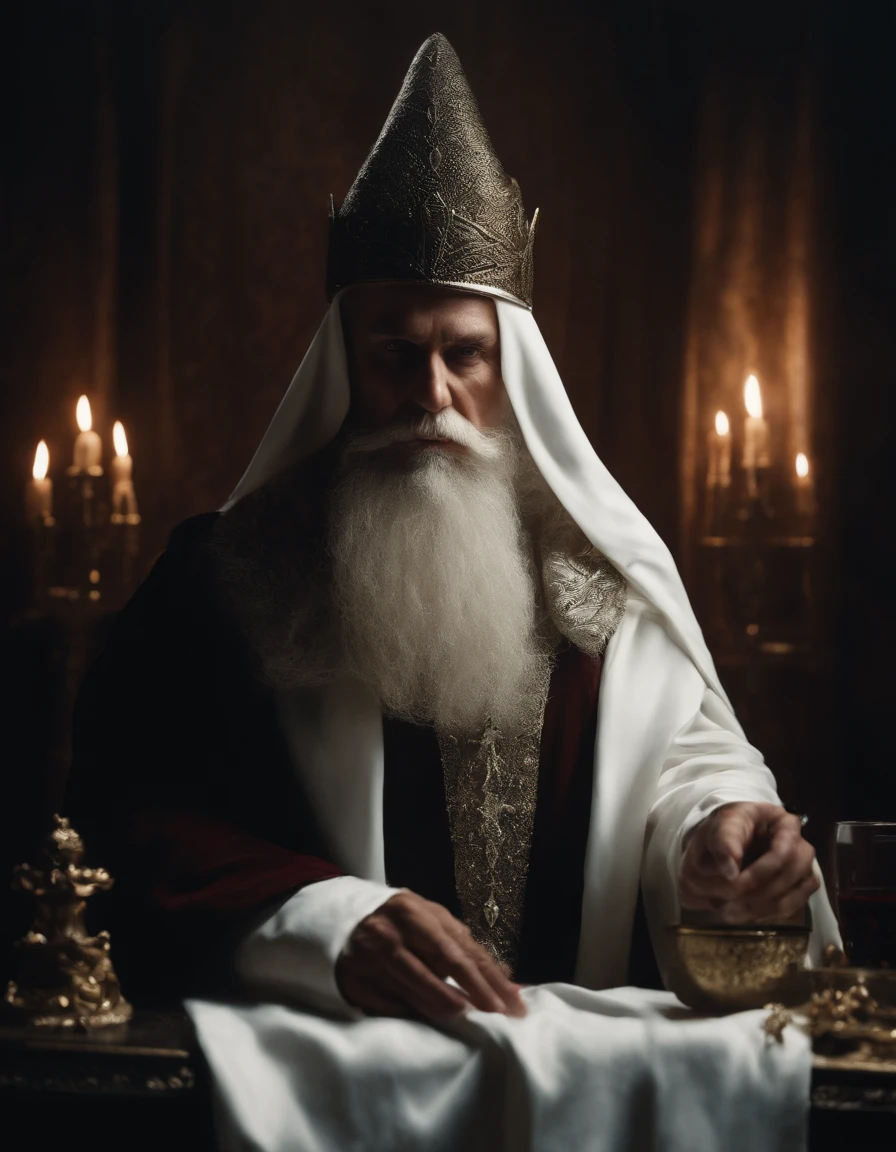 Fantasy oil painting, White Wizard, enigmatic, dramatic shadow, dark colors, rich colors, high contrast, dramatic facial shadows, sinister elegance