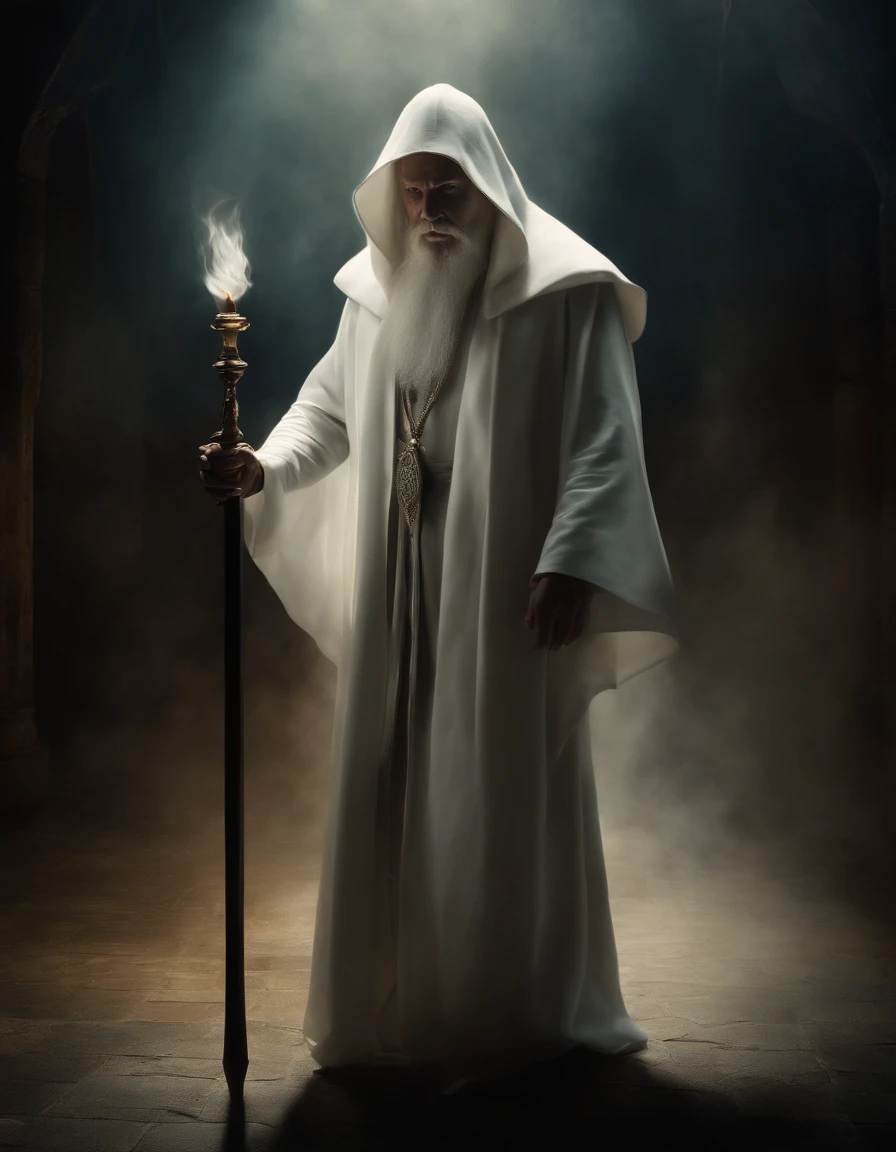 Fantasy oil painting, White Wizard, enigmatic, dramatic shadow, dark colors, rich colors, high contrast, dramatic facial shadows, sinister elegance