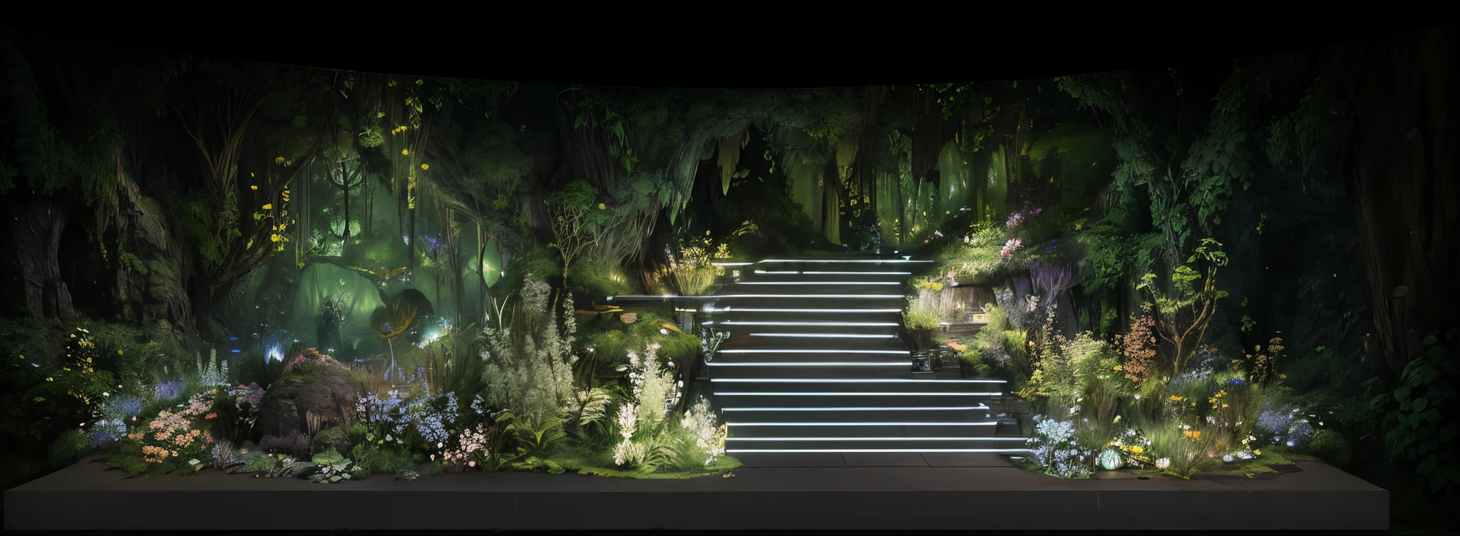 in a limited underground garden, Luminous design, dream landscape,fog atmosphere,glowworm, Hallucinogens, psychedelic visual effects, Inspired by Larry D. Alexander, Lucid dreaming series, Original and creative landscape, inspired by Li Di, digital landscape art, underground lake,vegetative people,Lots of greenery,small flower,optics