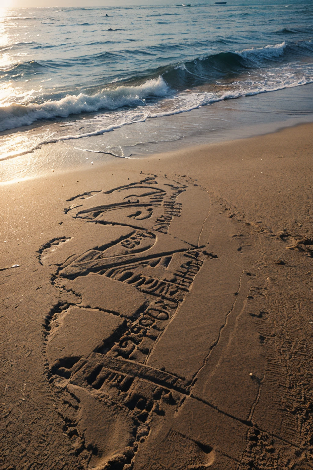 Name drawn on sand beach, waves of clear water in the sea. Draw text : "Allen & Karen" spelled exactly with no extra letters