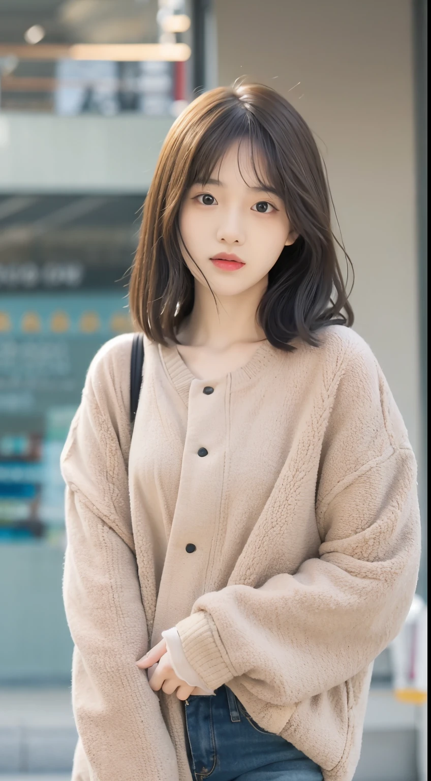 incredibly absurd, beautiful and cute 20-year-old Korean girl with a photorealistic face, showcasing top-quality craftsmanship. Her slender frame is adorned with short, messy hair. The artwork is high-resolution, allowing for ultra-detailed features to be captured flawlessly. The girl is depicted wearing almost nothing. The focus lies on the realistic pupils, showcasing depth and emotion.