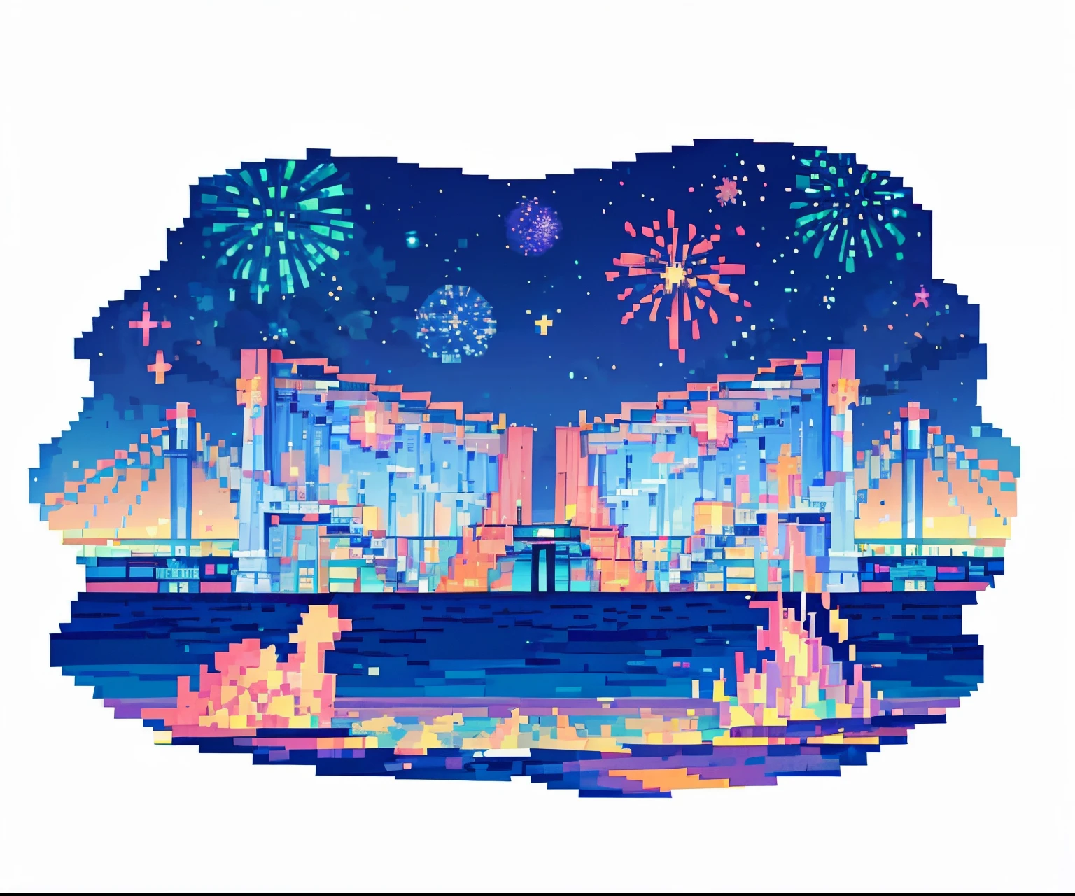 firework, building, night, ocean, Pastel colors, bridge view, distant, night, stars, moonlight, glowing