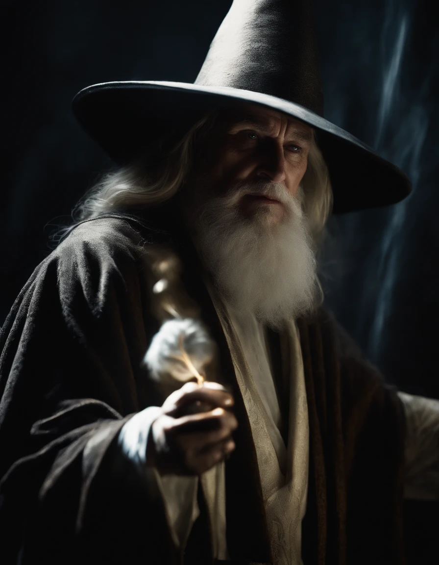 Fantasy oil painting, White Wizard, enigmatic, dramatic shadow, dark colors, rich colors, high contrast, dramatic facial shadows, sinister elegance