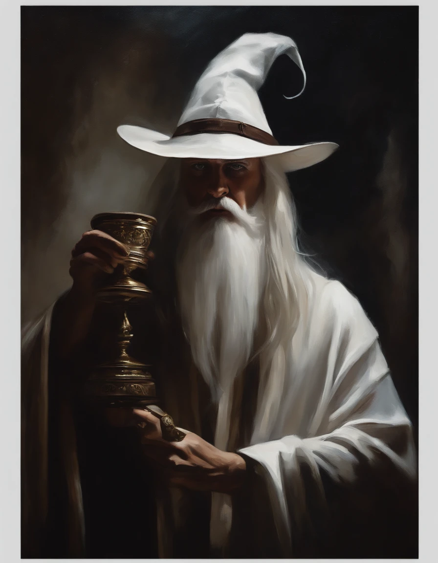 Fantasy oil painting, White Wizard, enigmatic, dramatic shadow, dark colors, rich colors, high contrast, dramatic facial shadows, sinister elegance