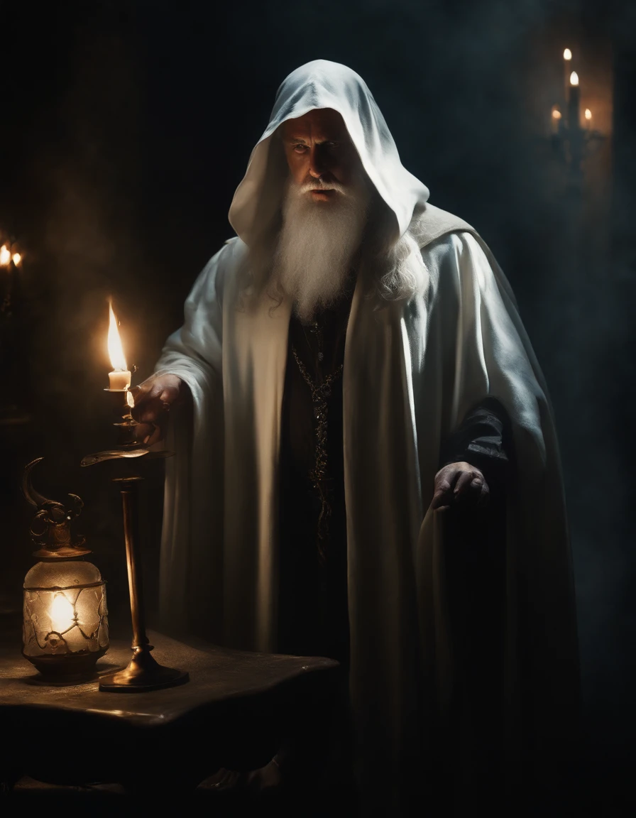 Fantasy oil painting, White Wizard, enigmatic, dramatic shadow, dark colors, rich colors, high contrast, dramatic facial shadows, sinister elegance