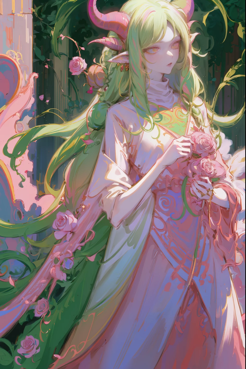 Designed by nty, A woman is, Professional t-shirt design vector,Tokar, 8K, hyper HD, Albino demon girl standing, colorful clothes, shot from far away, (largeeyes, Eyes are delicate and beautiful, Beautiful and delicate face, Details on the face), ( Green curls:1.3) , pink rose bush, winking ,(long and complex horns:1.2) Sneakers with socks, white backgrounid, Complicated details, coloured background, Abstract