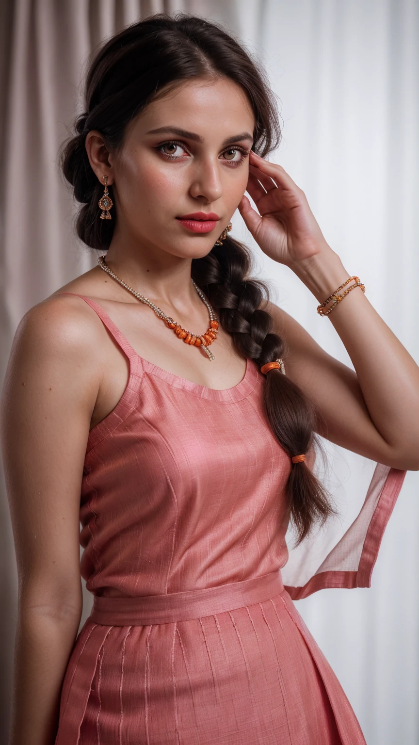 Braid hair, (RAW photo, realism: 1.8), (very Orange lip gloss, jet Orange lipstick, many eyelashes, dark Orange eye shadow, very shy, veryvblushing, high quality, high resolution, depth of field, chromatic aberration, caustic, wide light, natural colors, 30 year old woman), necklaces, chokers, earrings, bracelets, wear many accessories, wearing traditional Patiala Suit, silk pink drees, silk blue drees, silk magenta drees, color dress, and white hijab, woman small breast, soft skin, fair Orange skin, slim nose, beautiful eyes, The Casual Hip Stance poses, 8k results, high resolution, realistic,