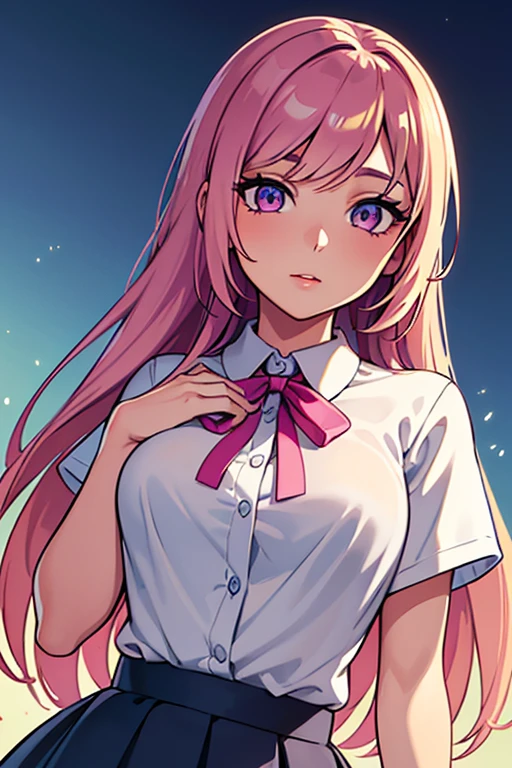 (detailed beautiful eyes and detailed face, masterpiece side light, masterpiece, best quality, detailed, high resolution illustration), (1 girl, beautiful girl, shiny skin, looking down, looking at viewer), ( Sky blue long hair, pink eyes, skirt, ribbon, button-down shirt) 45 degrees, top view, sideways, (hand detail) nude