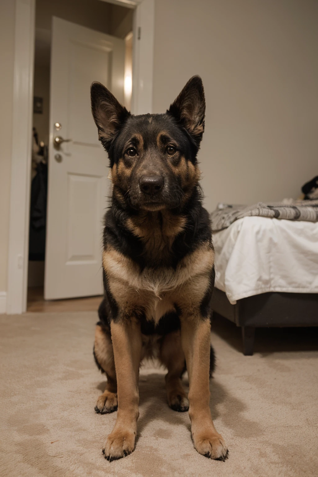 German shepherd standing with his front paws against the bedroom door