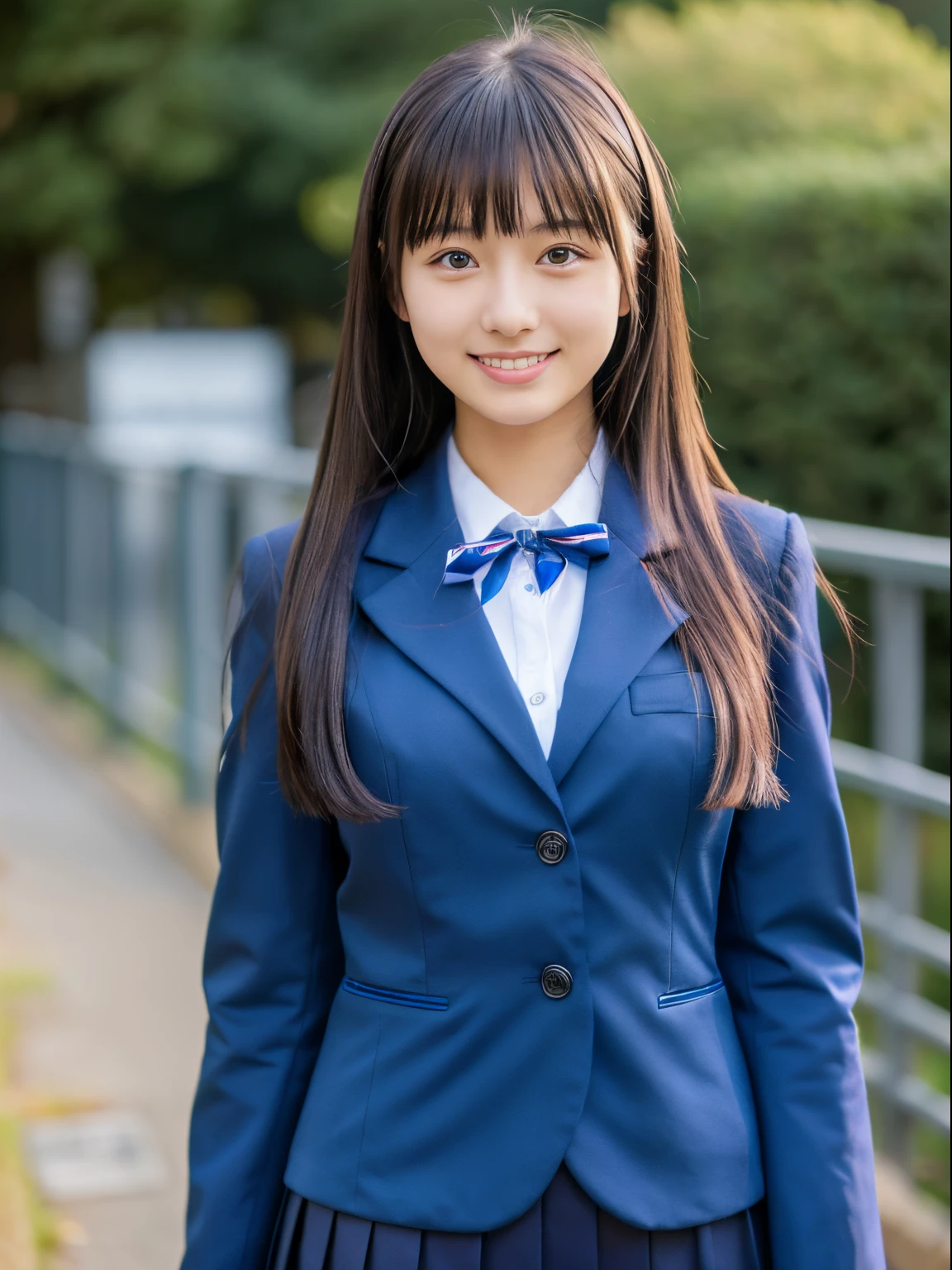 ((Masterpiece)), 8k, highest quality, 1 girl, solo, beautiful face, gentle expression, real, cute, dark blue skirt, dark blue ribbon, dark blue blazer uniform, (Japanese high school girl), Smile, ((looking at camera)), long hair, normal chest, full body shot,