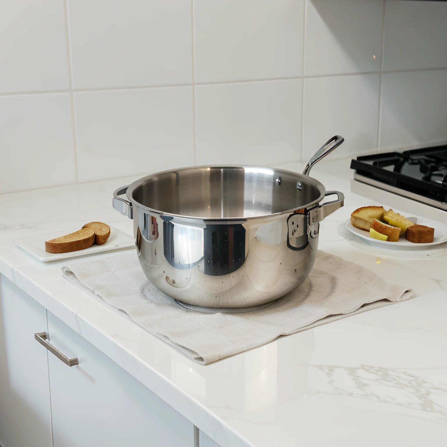 un primer plano de una olla con brillos de limpieza en una mesa, ollas y sartenes, Robo inoxidable, acero inoxidable, Utensilios de cocina de metal, Clean, smooth, crisp lines, crisp smooth lines, Formas fluidas y elegantes, with elegant lines and a boat, titanio, cocina blanca, excepcional, Precise lines, Sharp details minimalist white background