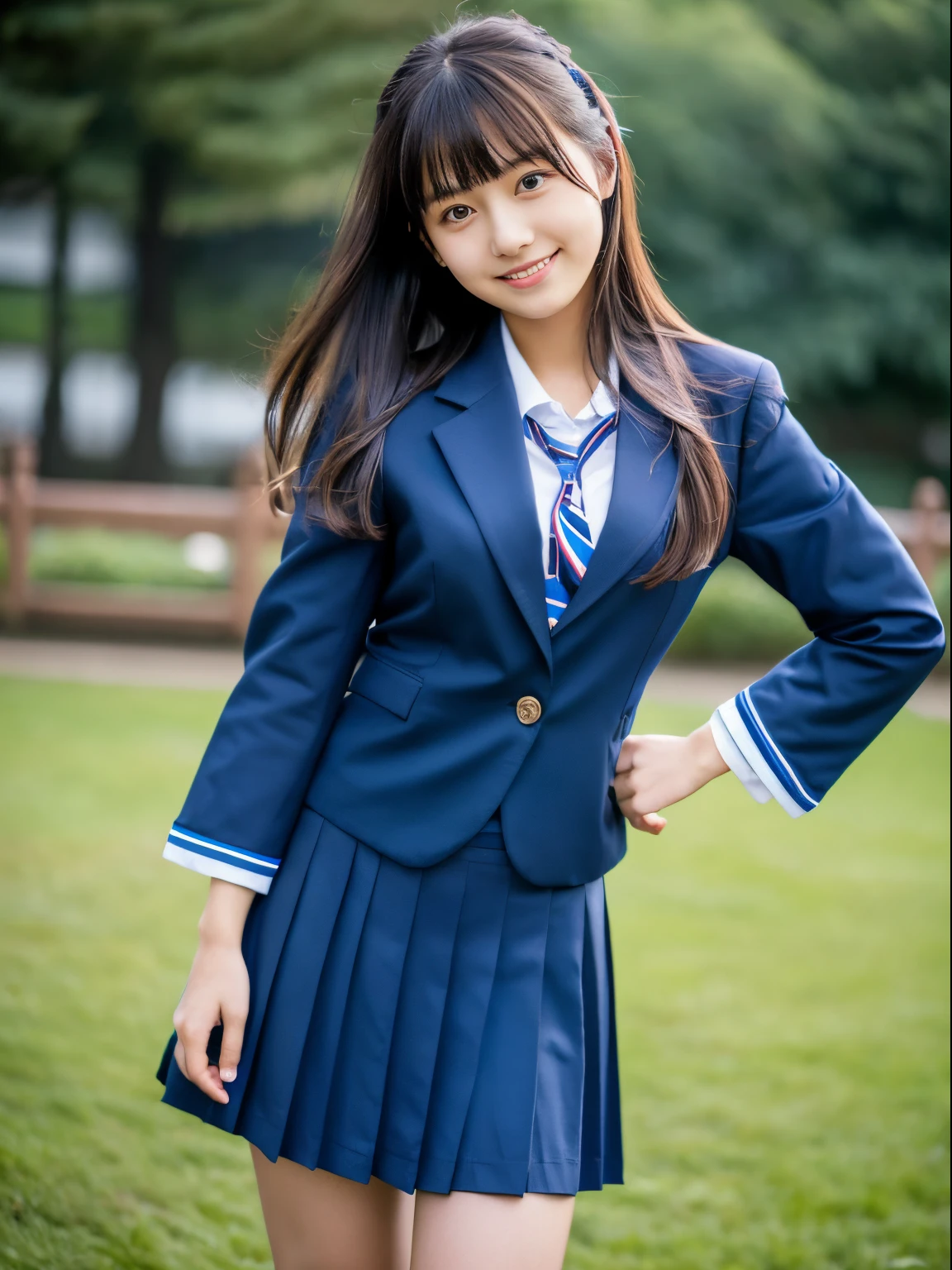 Arafed asian woman in a blue uniform posing for a picture - SeaArt AI