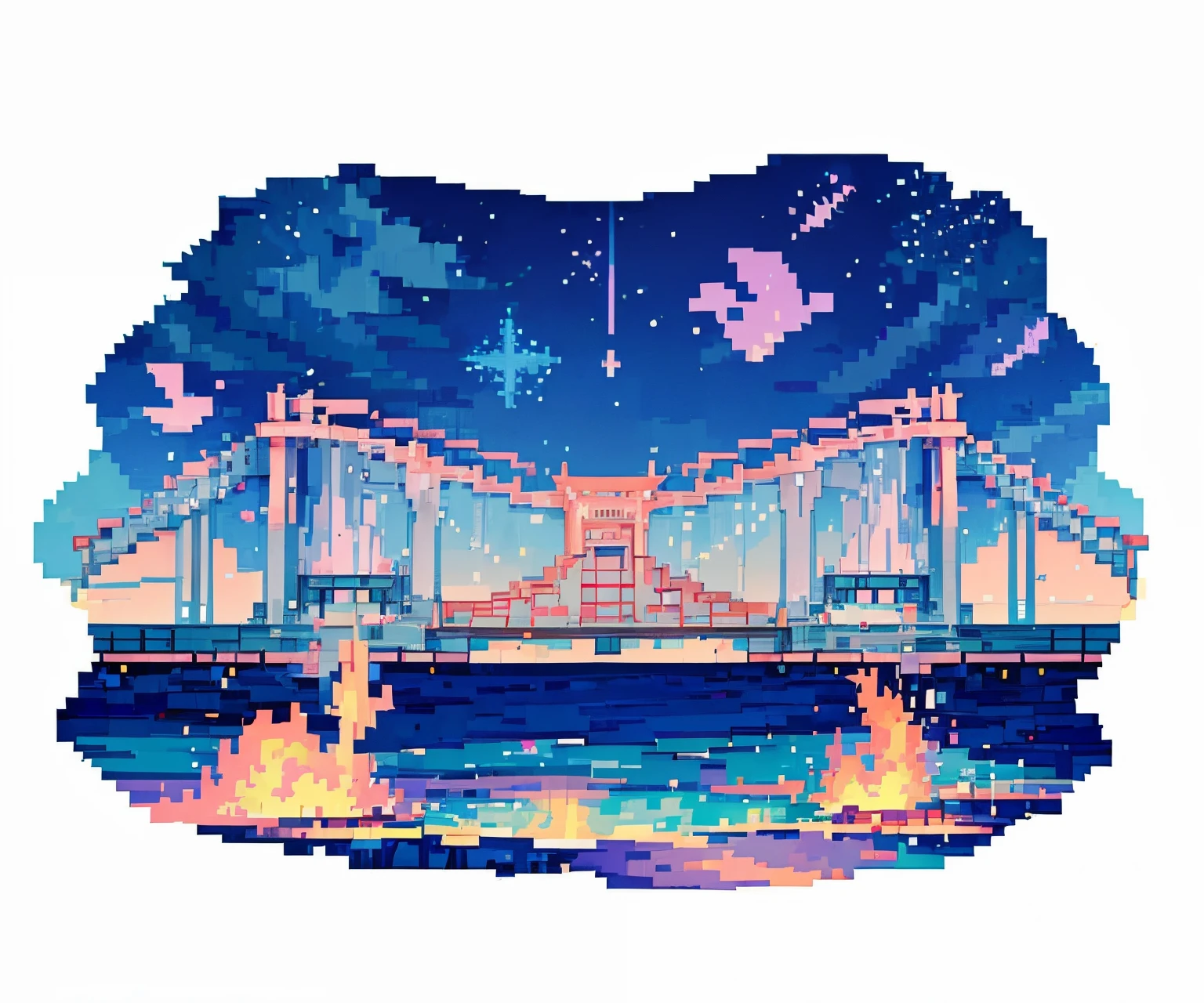flame, gray building, natta, ocean, pastel colours, bridge view, distant, natta, sao, moonlit glow, glittering