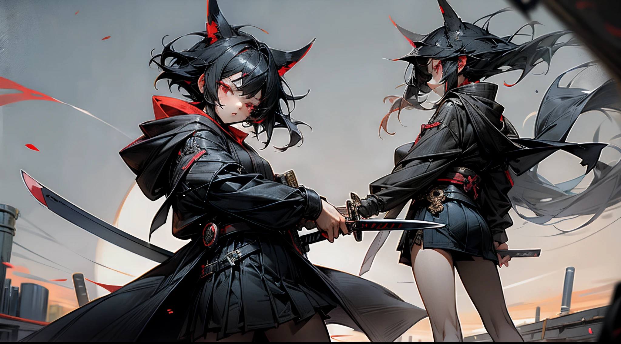 anime girl with red eyes and black hair wearing a black hoodie and short skirt and holding a samurai sword in her waist in the moonlight sky